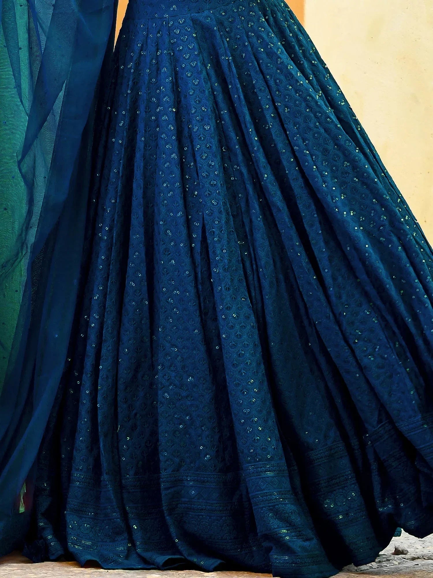 Teal Sweet Sequins Georgette Reception Wear Lehenga Choli