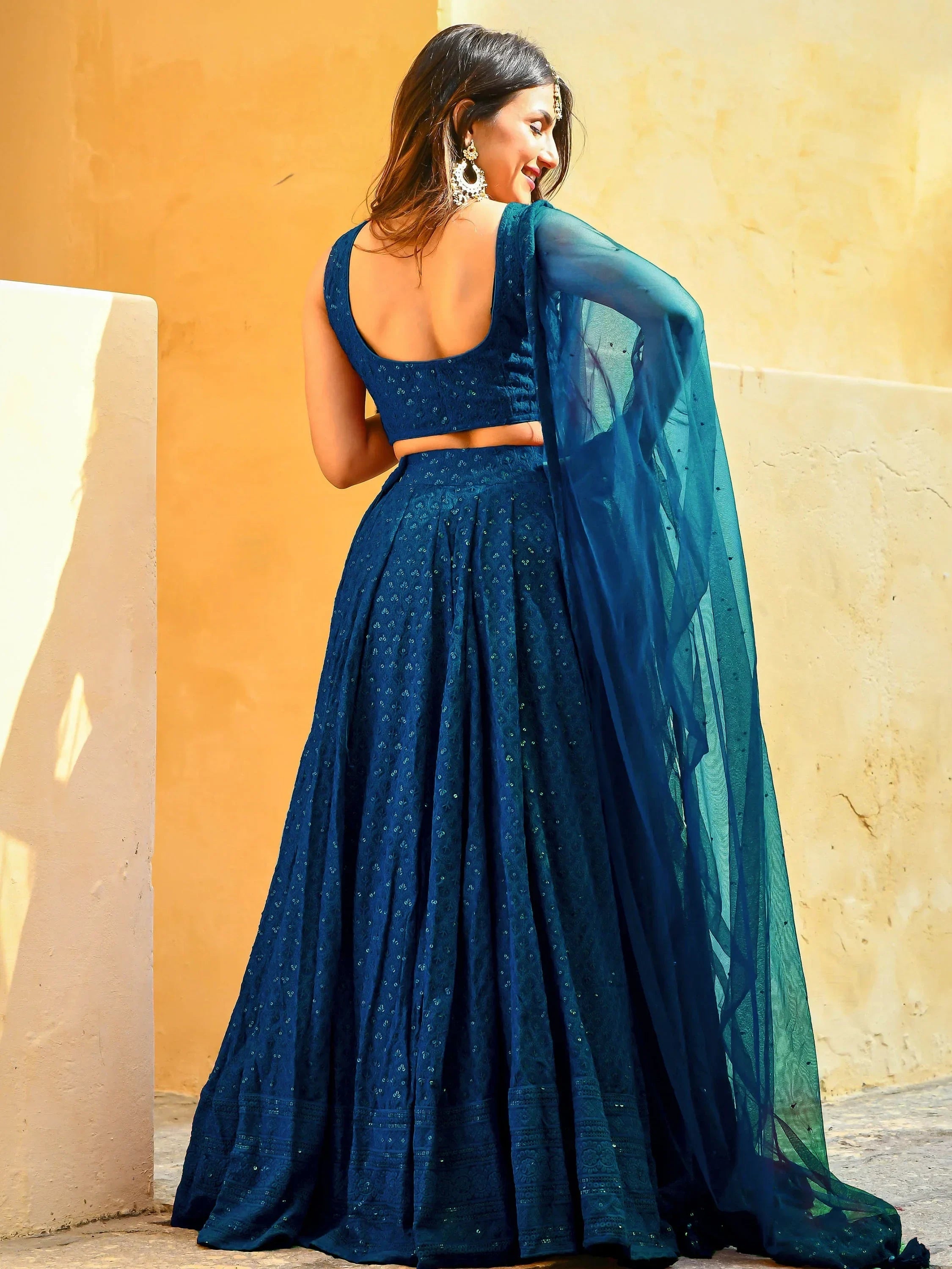 Teal Sweet Sequins Georgette Reception Wear Lehenga Choli