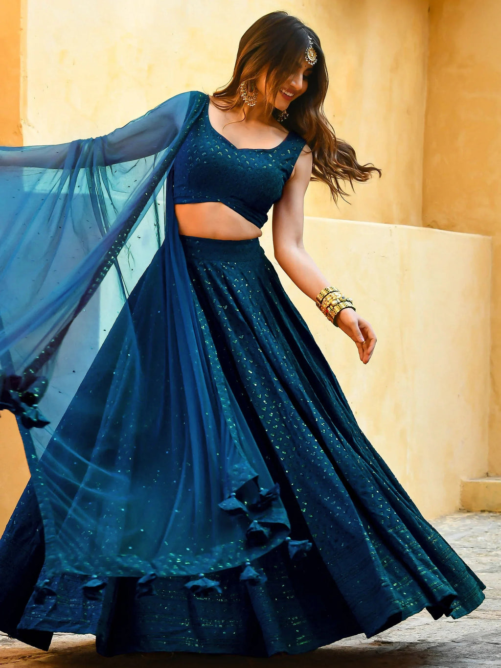 Teal Sweet Sequins Georgette Reception Wear Lehenga Choli