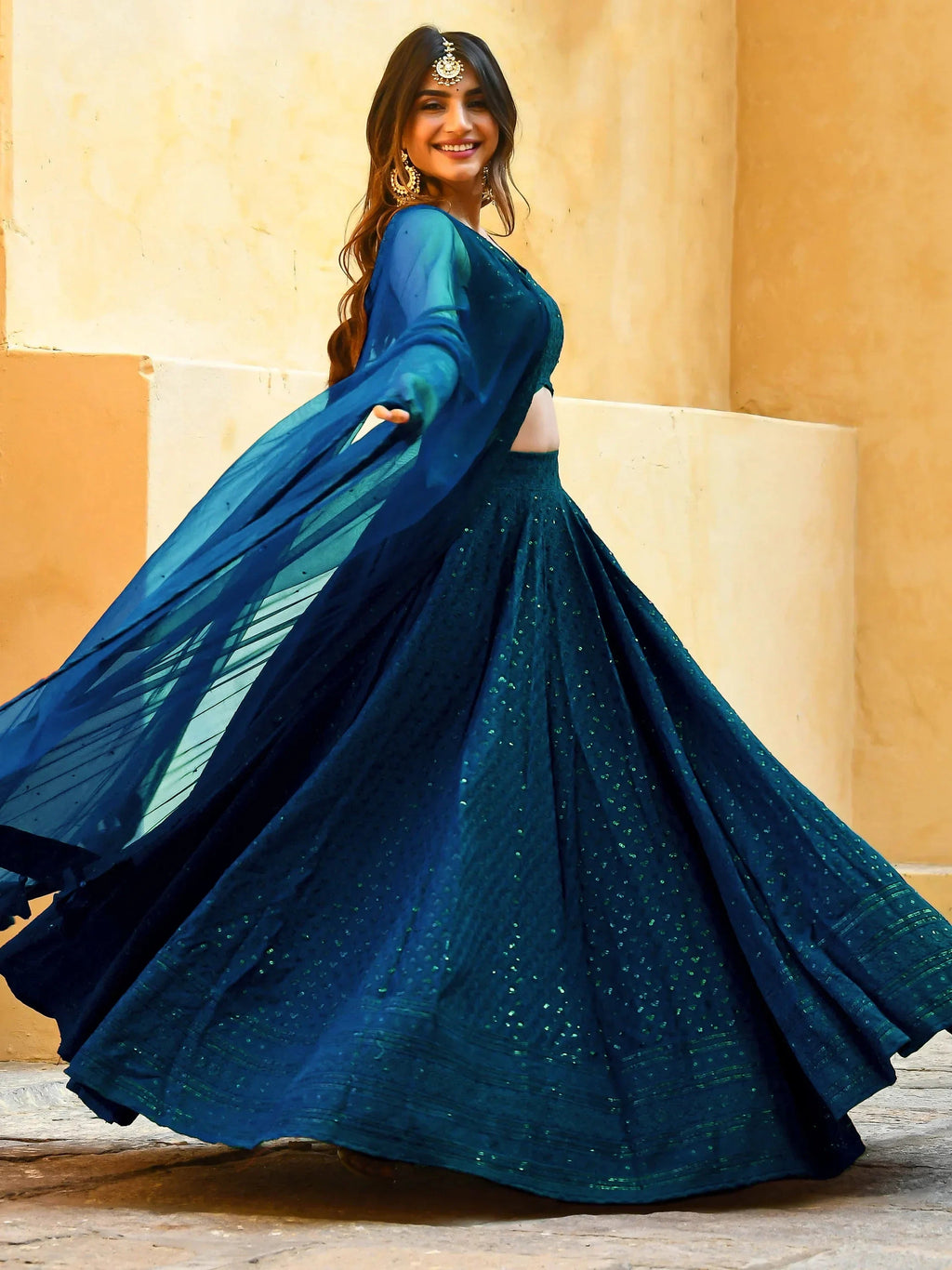 Teal Sweet Sequins Georgette Reception Wear Lehenga Choli