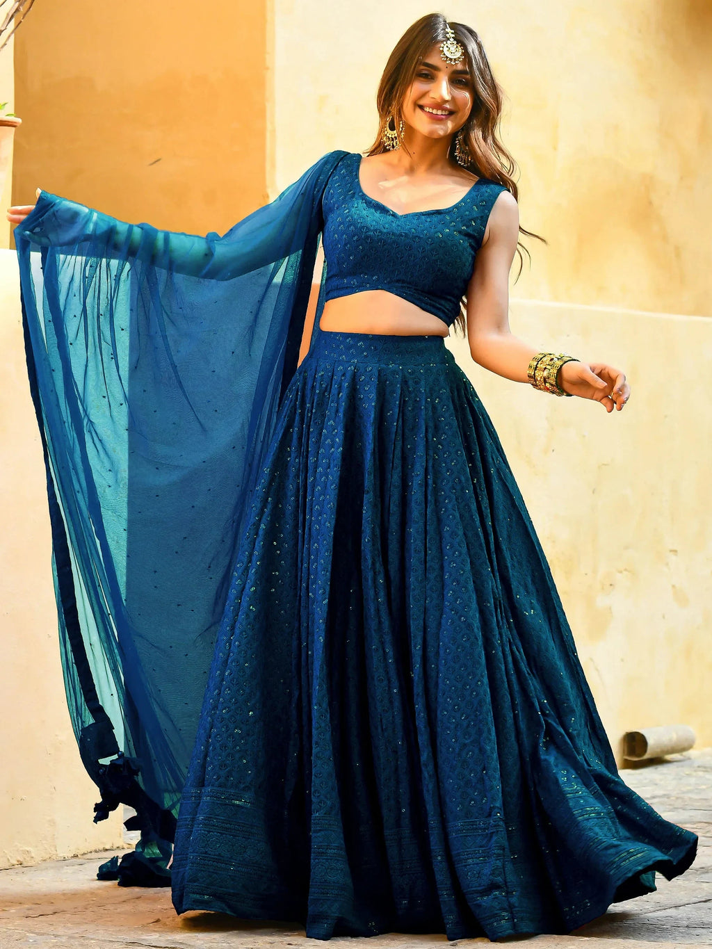 Teal Sweet Sequins Georgette Reception Wear Lehenga Choli