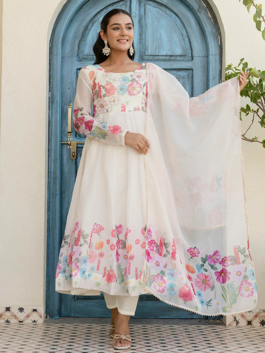 Beautiful White Organza Floral Printed Festive Wear Anarkali Suit