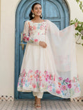 Beautiful White Organza Floral Printed Festive Wear Anarkali Suit