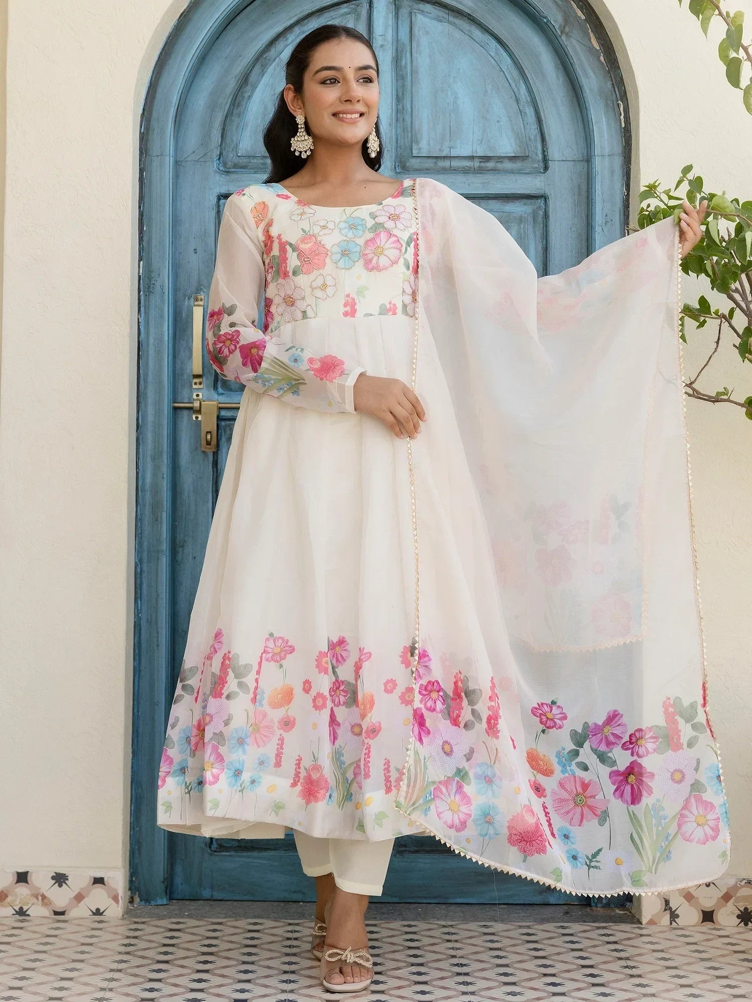 Beautiful White Organza Floral Printed Festive Wear Anarkali Suit