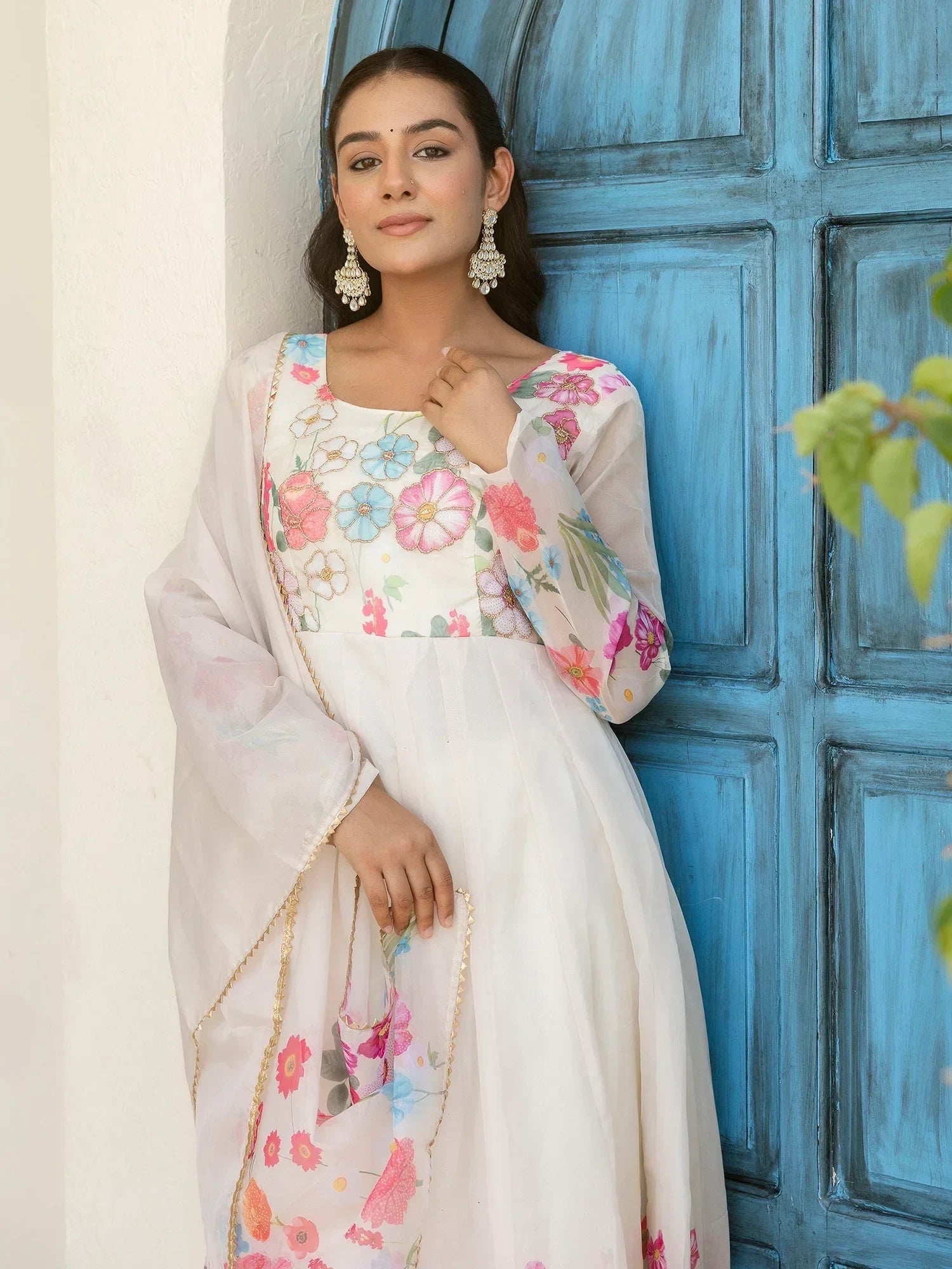 Beautiful White Organza Floral Printed Festive Wear Anarkali Suit