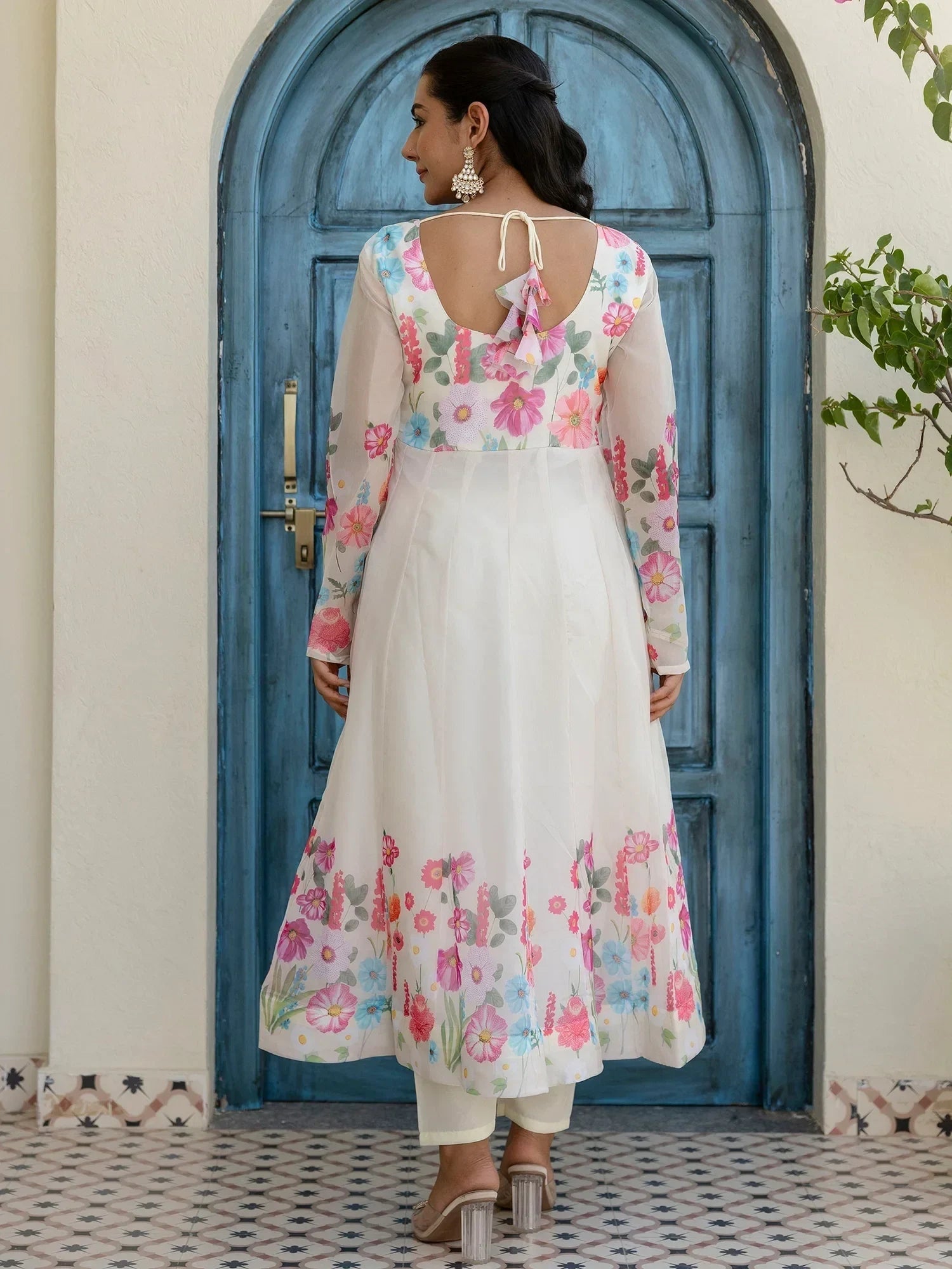 Beautiful White Organza Floral Printed Festive Wear Anarkali Suit
