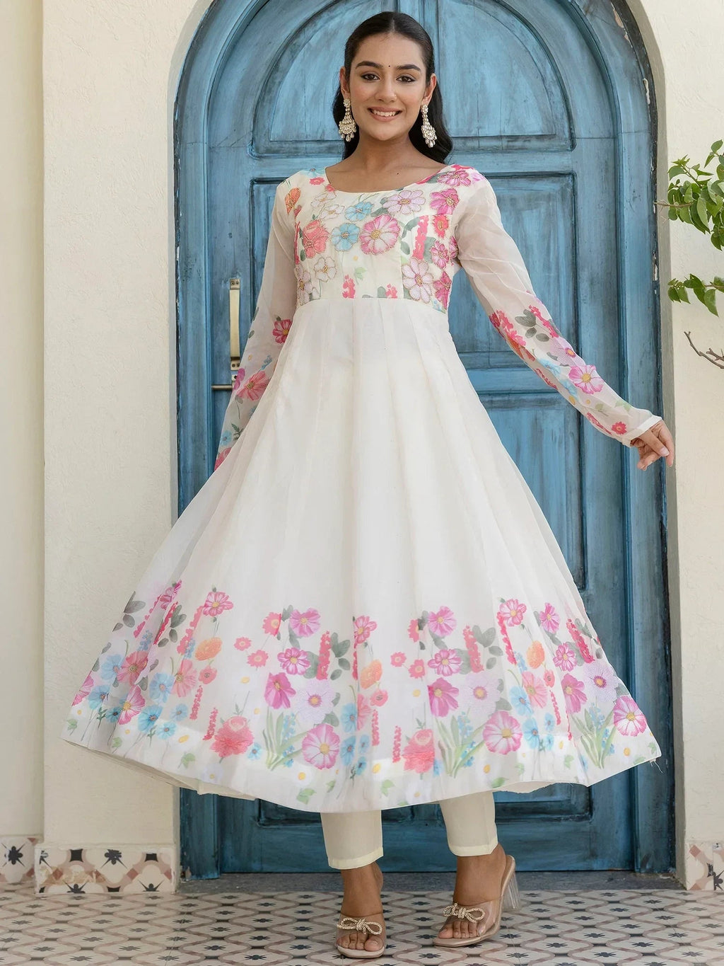 Beautiful White Organza Floral Printed Festive Wear Anarkali Suit