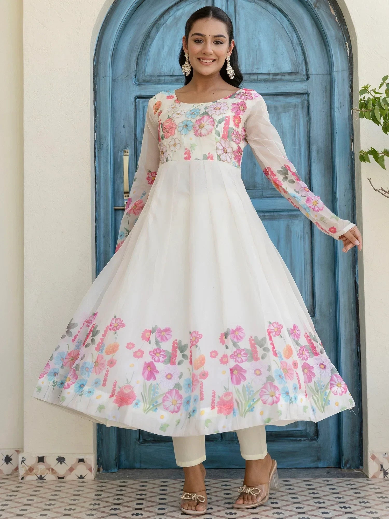 Beautiful White Organza Floral Printed Festive Wear Anarkali Suit
