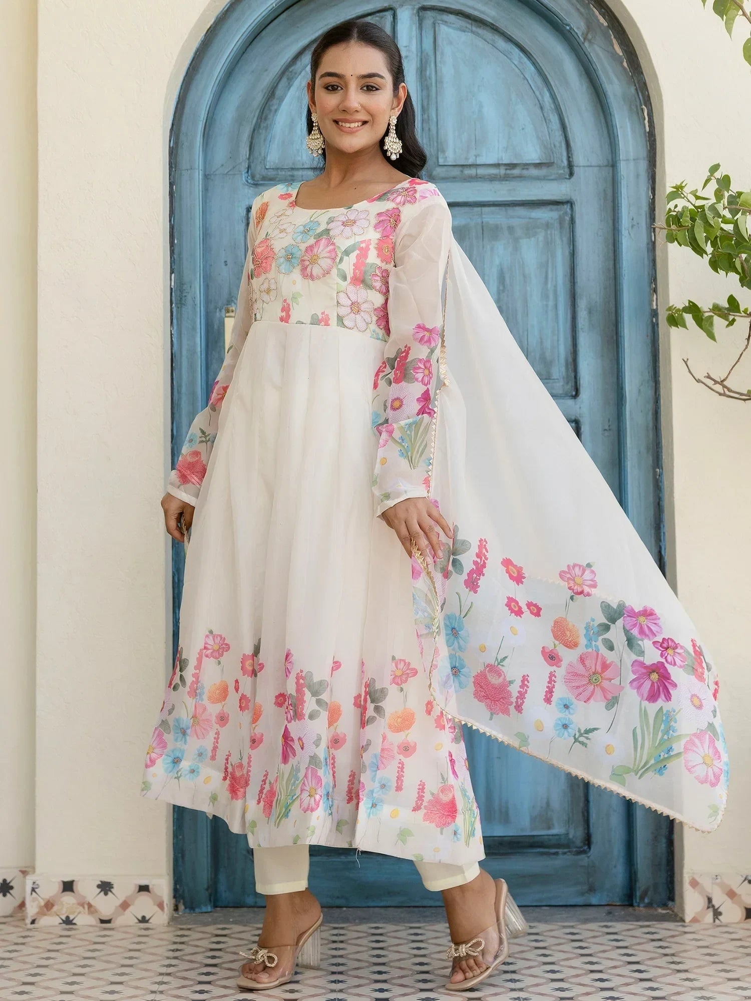 Beautiful White Organza Floral Printed Festive Wear Anarkali Suit