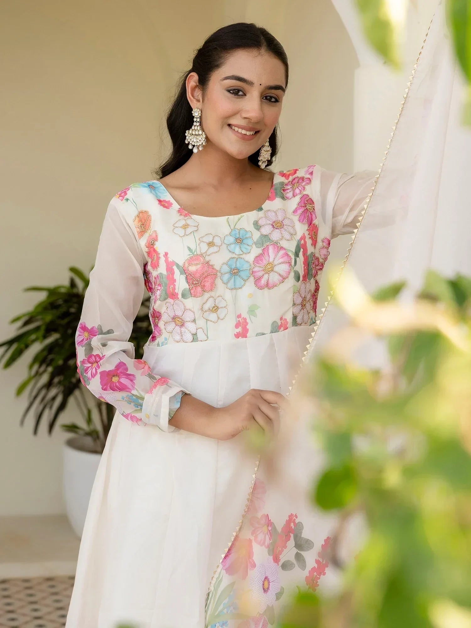 Beautiful White Organza Floral Printed Festive Wear Anarkali Suit