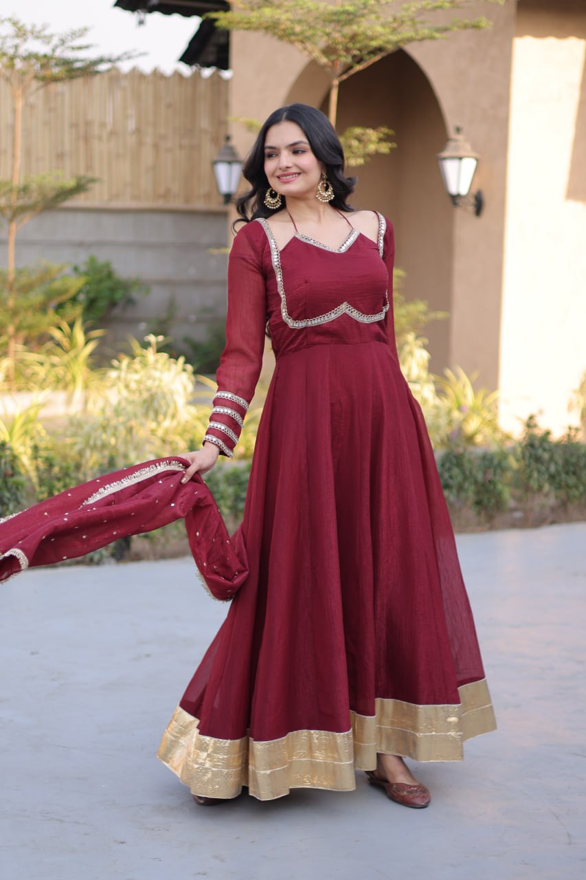 Silver Crunchy Gown with Dupatta