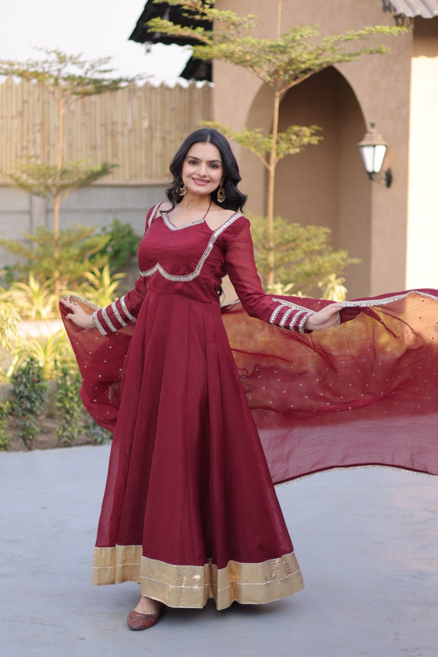Silver Crunchy Gown with Dupatta