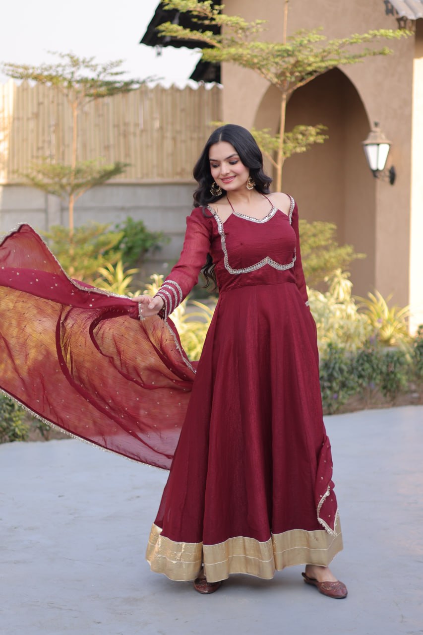 Silver Crunchy Gown with Dupatta
