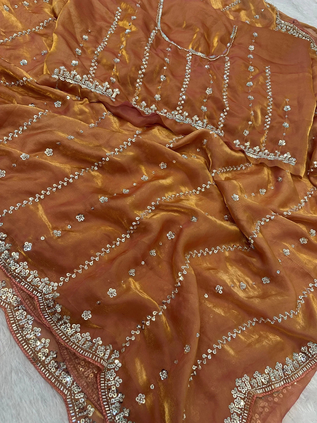Peach Captivating Beads Work Satin Party Wear Saree With Blouse