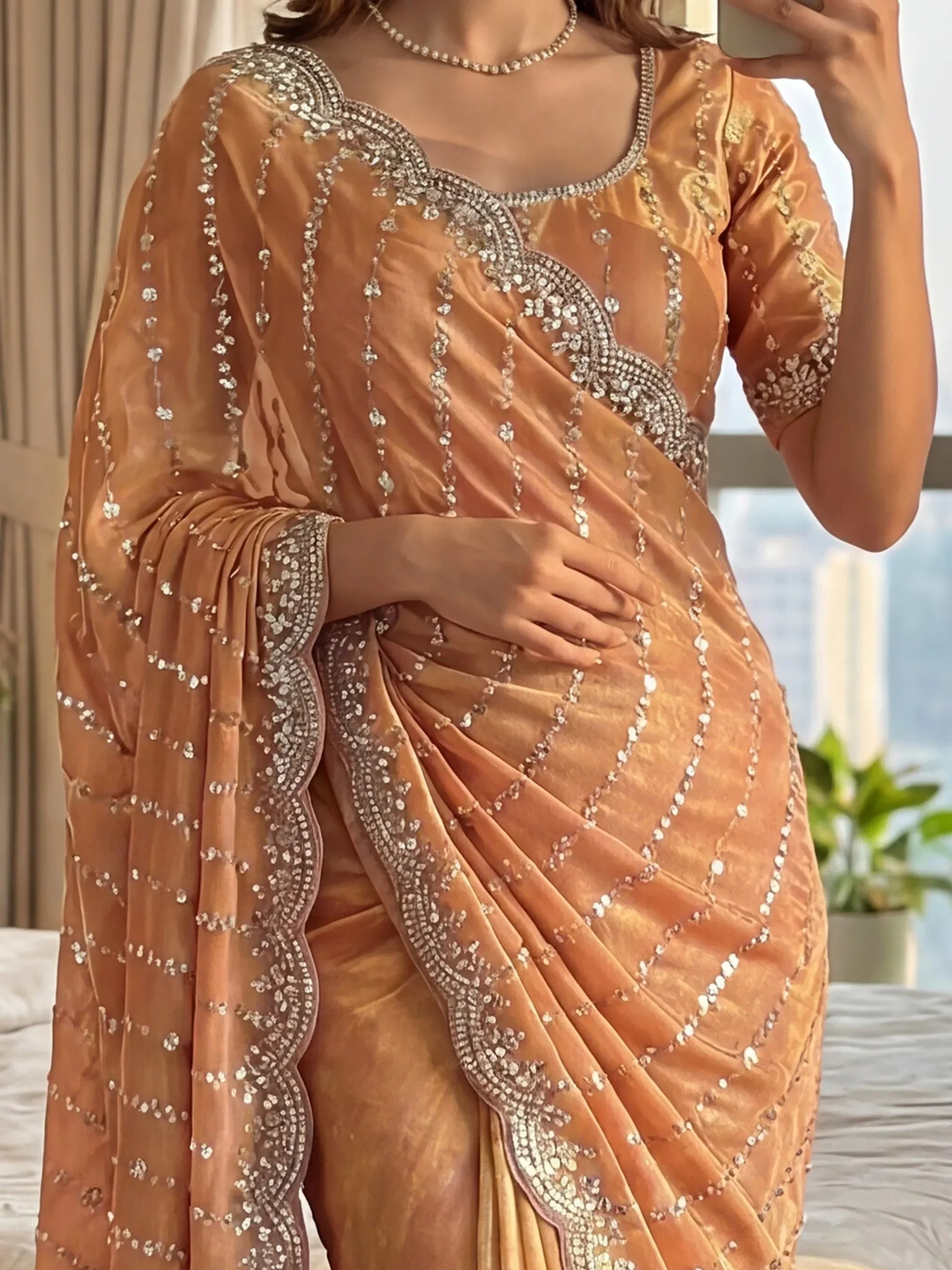 Peach Captivating Beads Work Satin Party Wear Saree With Blouse