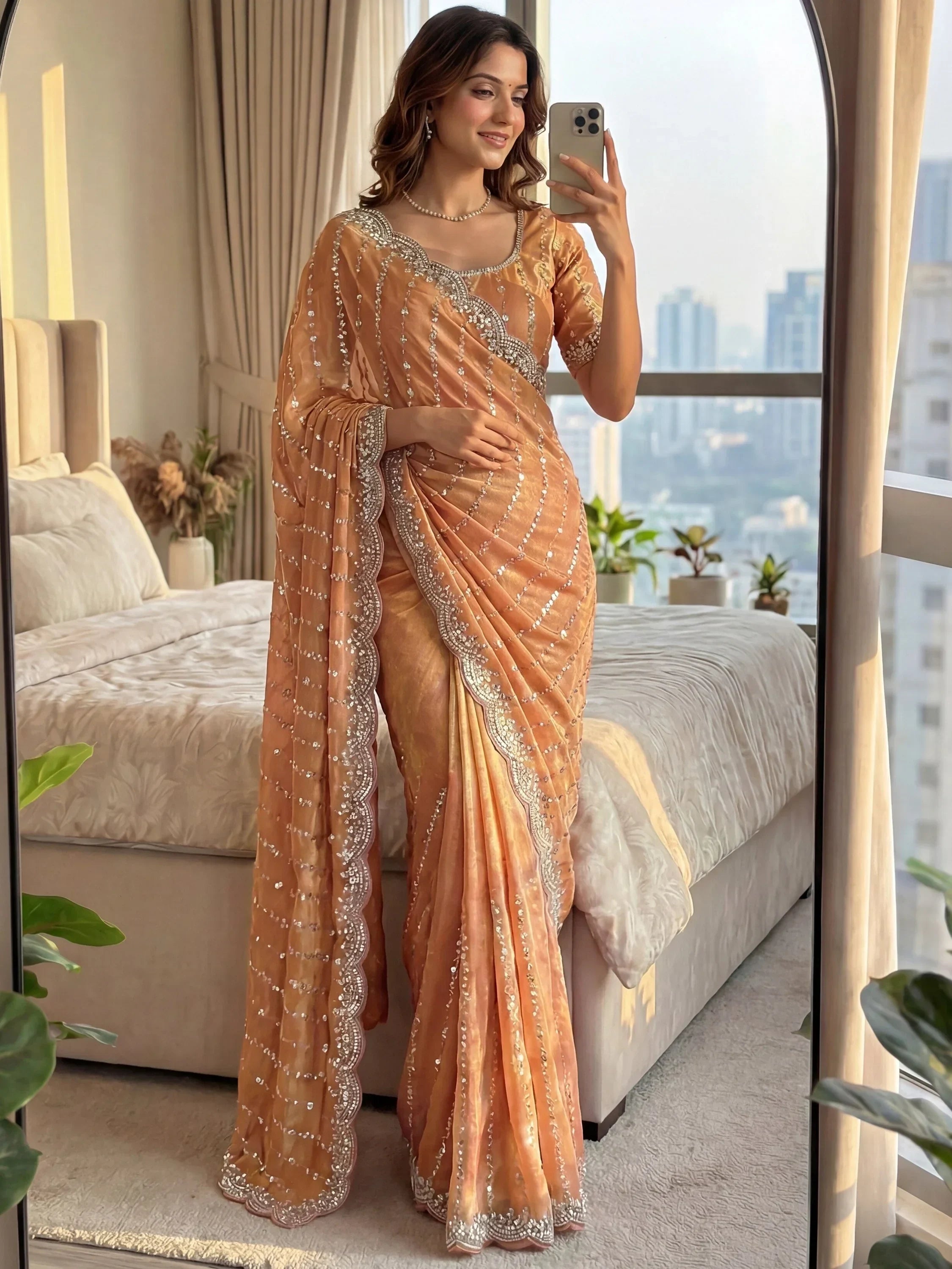 Peach Captivating Beads Work Satin Party Wear Saree With Blouse