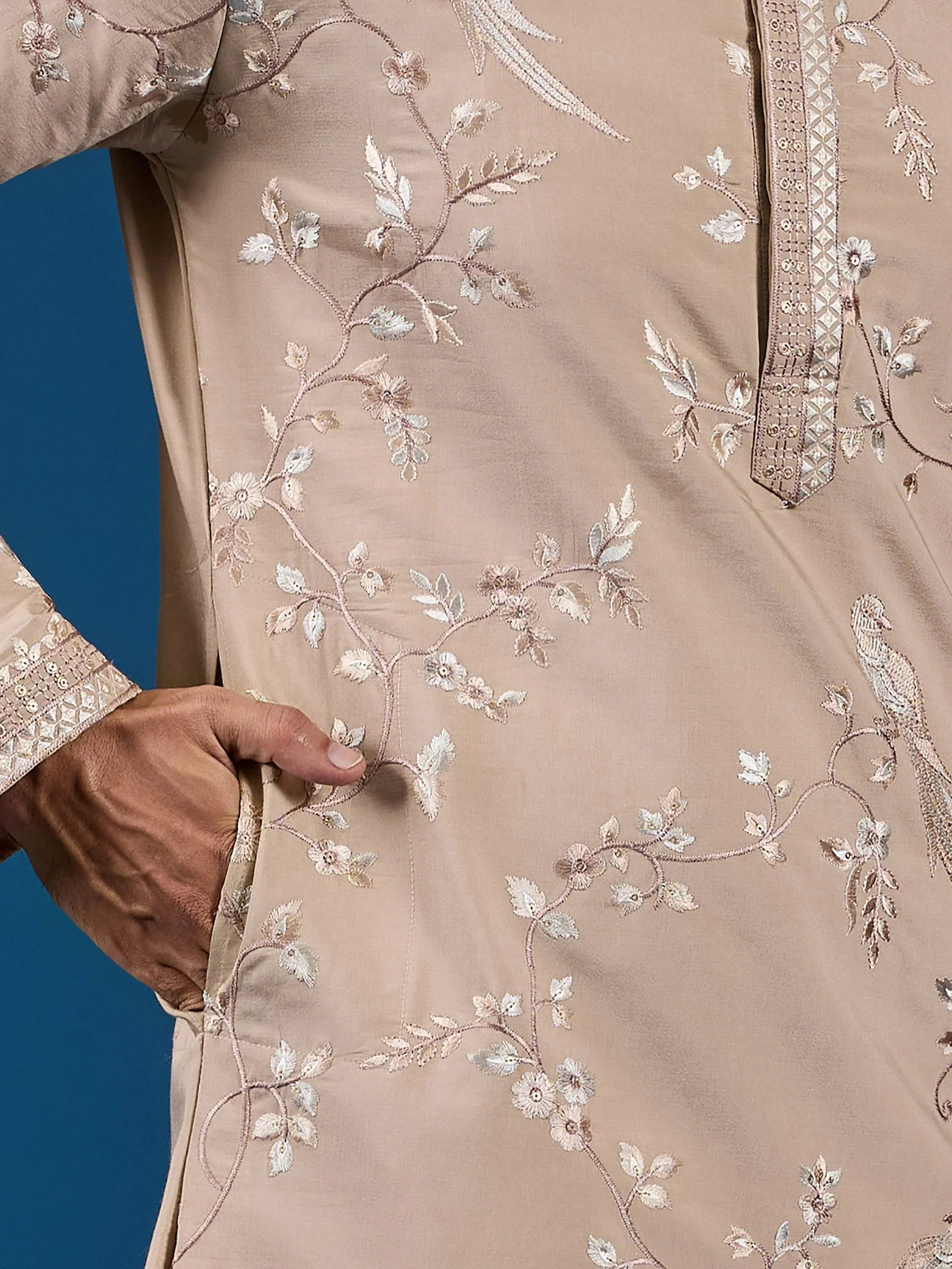 Stylish Beige Thread Embroidered Silk Wedding Wear Men Kurta
