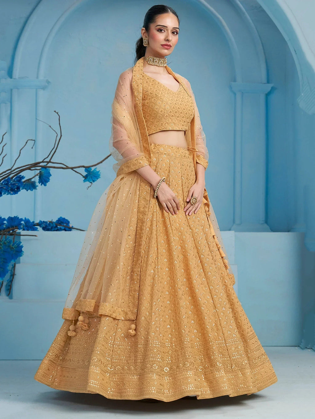 Bewitching Beige Thread Embroidered Georgette Monochrome Lehenga Choli