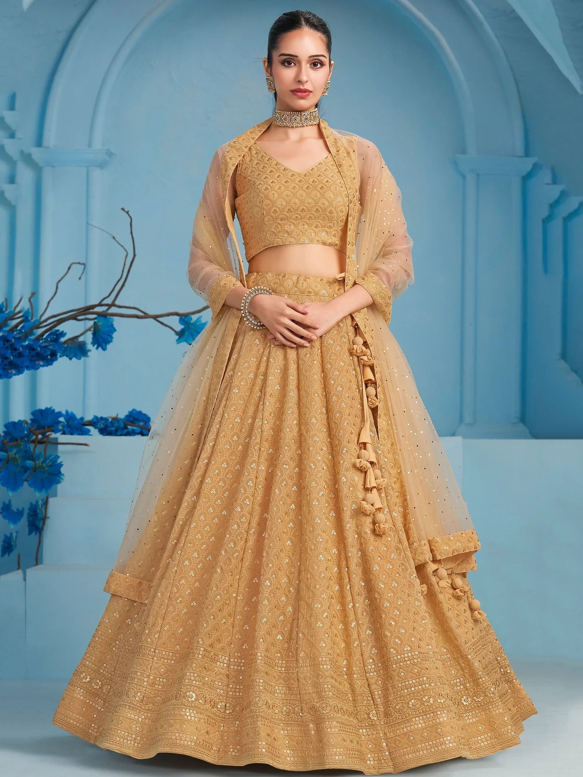 Bewitching Beige Thread Embroidered Georgette Monochrome Lehenga Choli