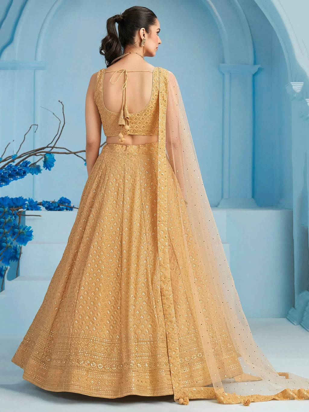 Bewitching Beige Thread Embroidered Georgette Monochrome Lehenga Choli