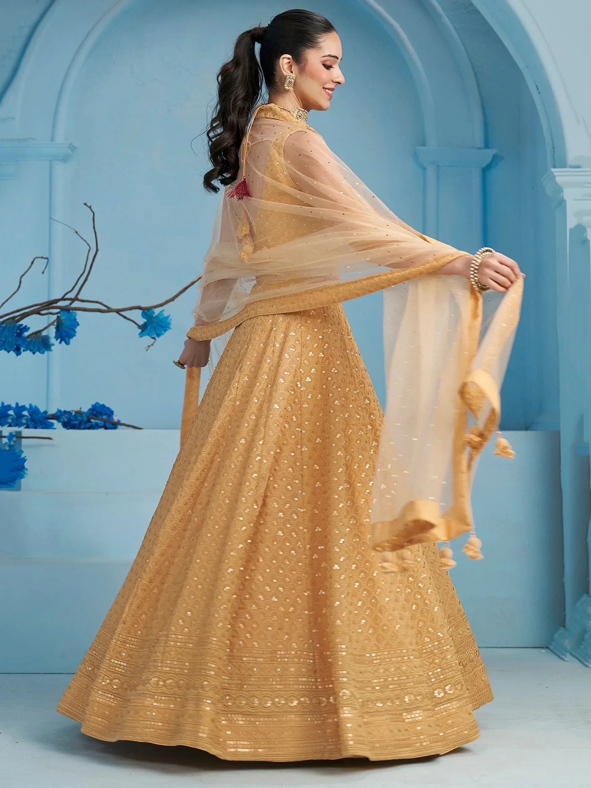 Bewitching Beige Thread Embroidered Georgette Monochrome Lehenga Choli