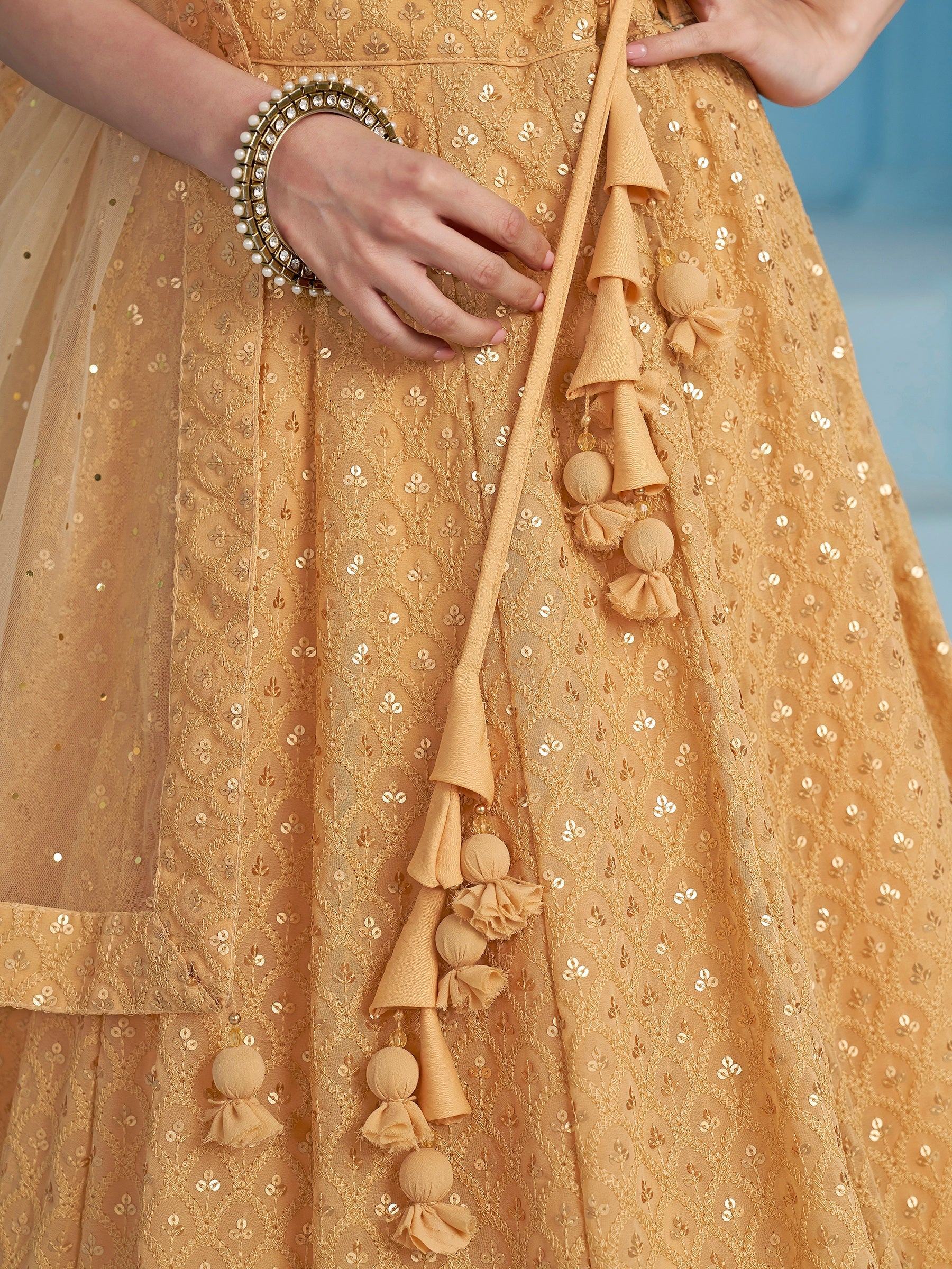 Bewitching Beige Thread Embroidered Georgette Monochrome Lehenga Choli