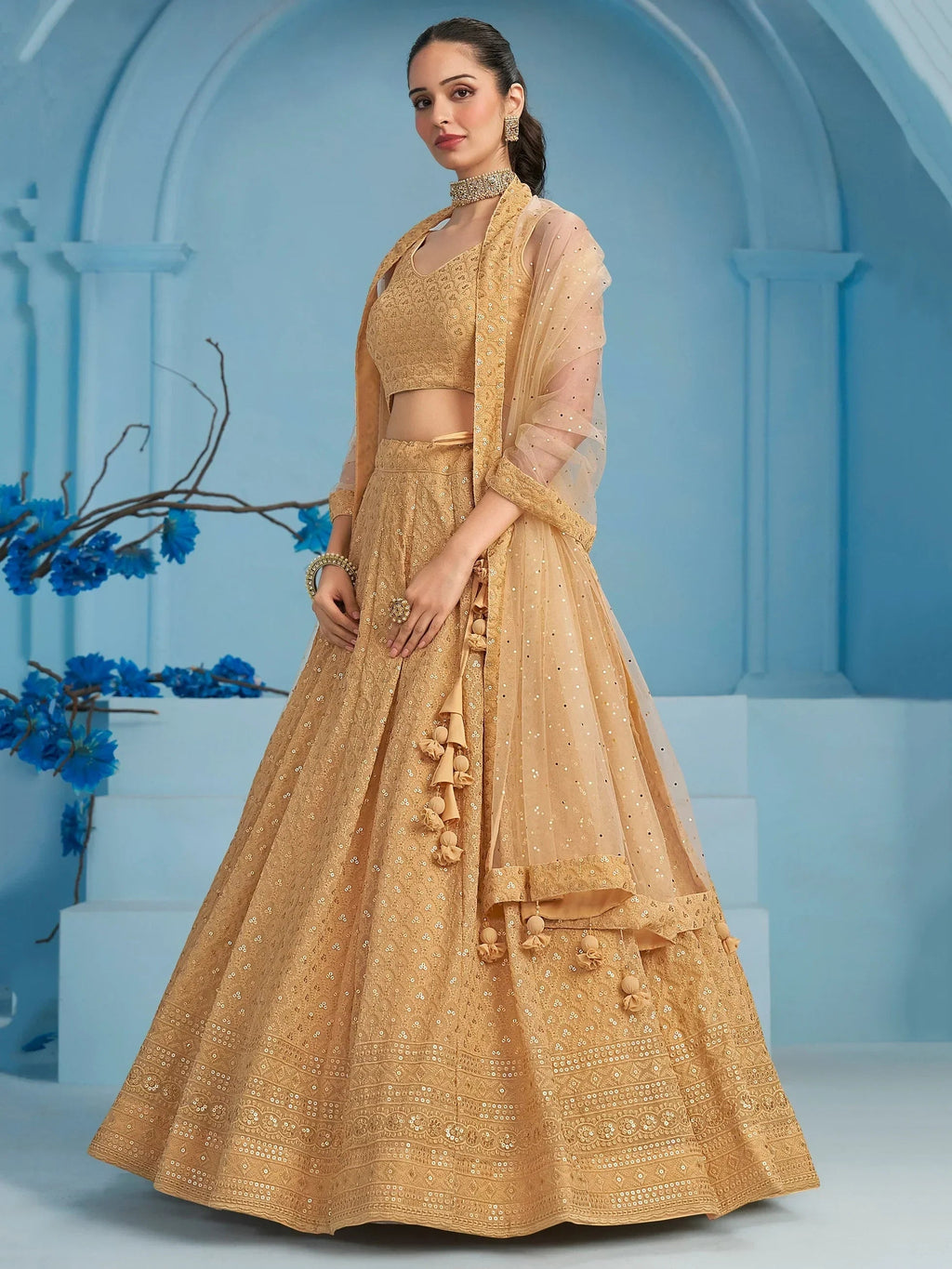 Bewitching Beige Thread Embroidered Georgette Monochrome Lehenga Choli