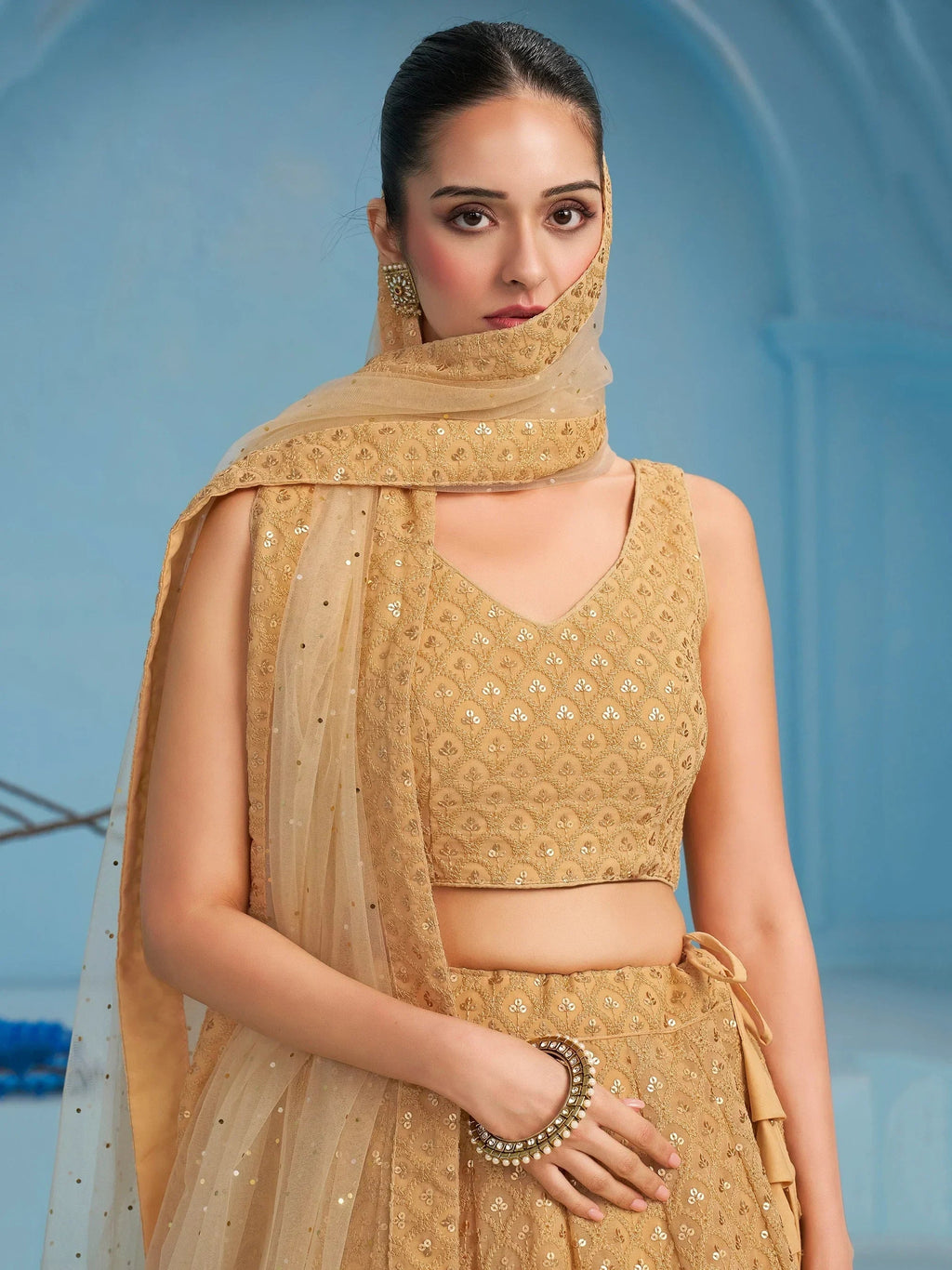 Bewitching Beige Thread Embroidered Georgette Monochrome Lehenga Choli