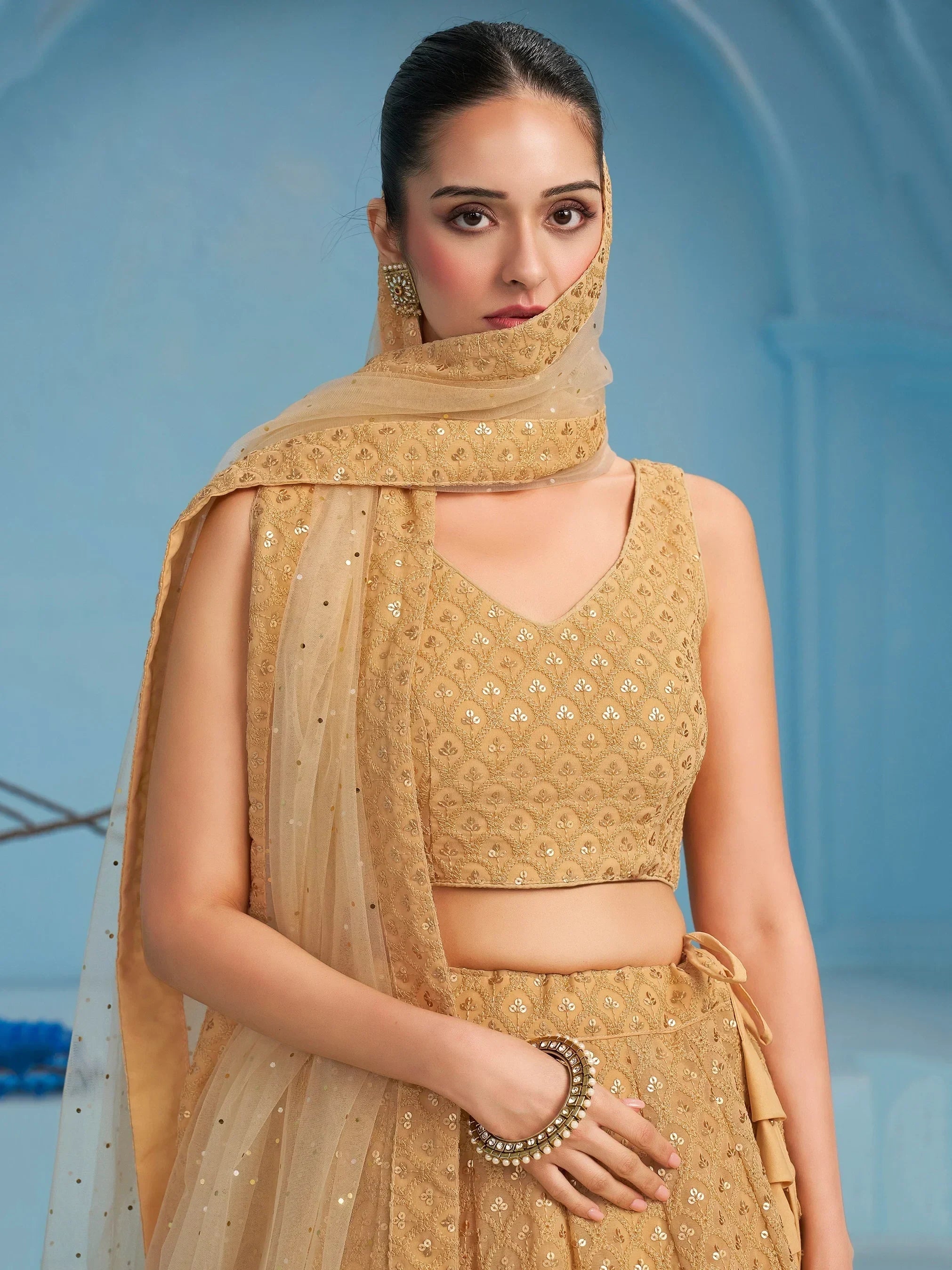 Bewitching Beige Thread Embroidered Georgette Monochrome Lehenga Choli