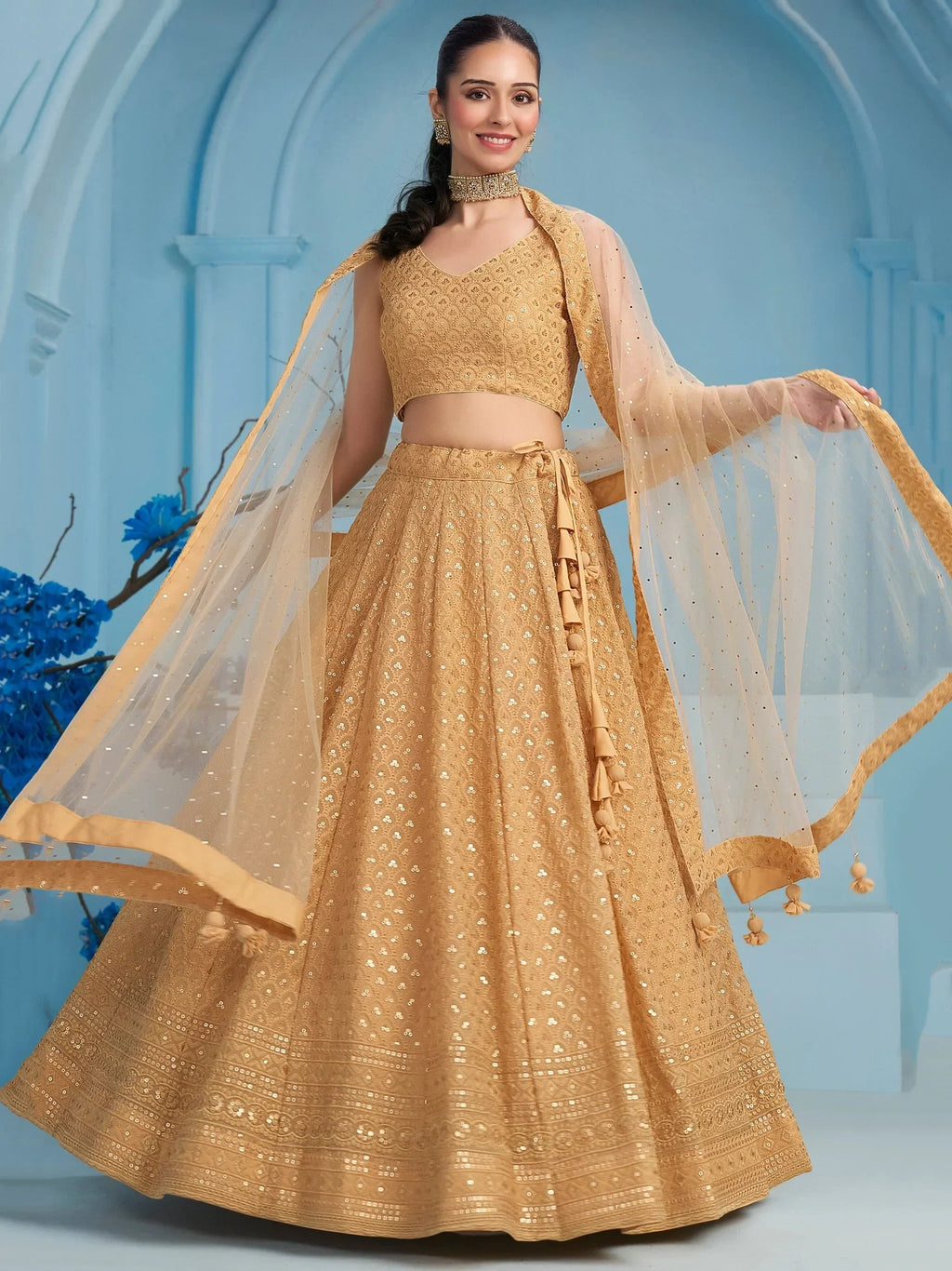 Bewitching Beige Thread Embroidered Georgette Monochrome Lehenga Choli
