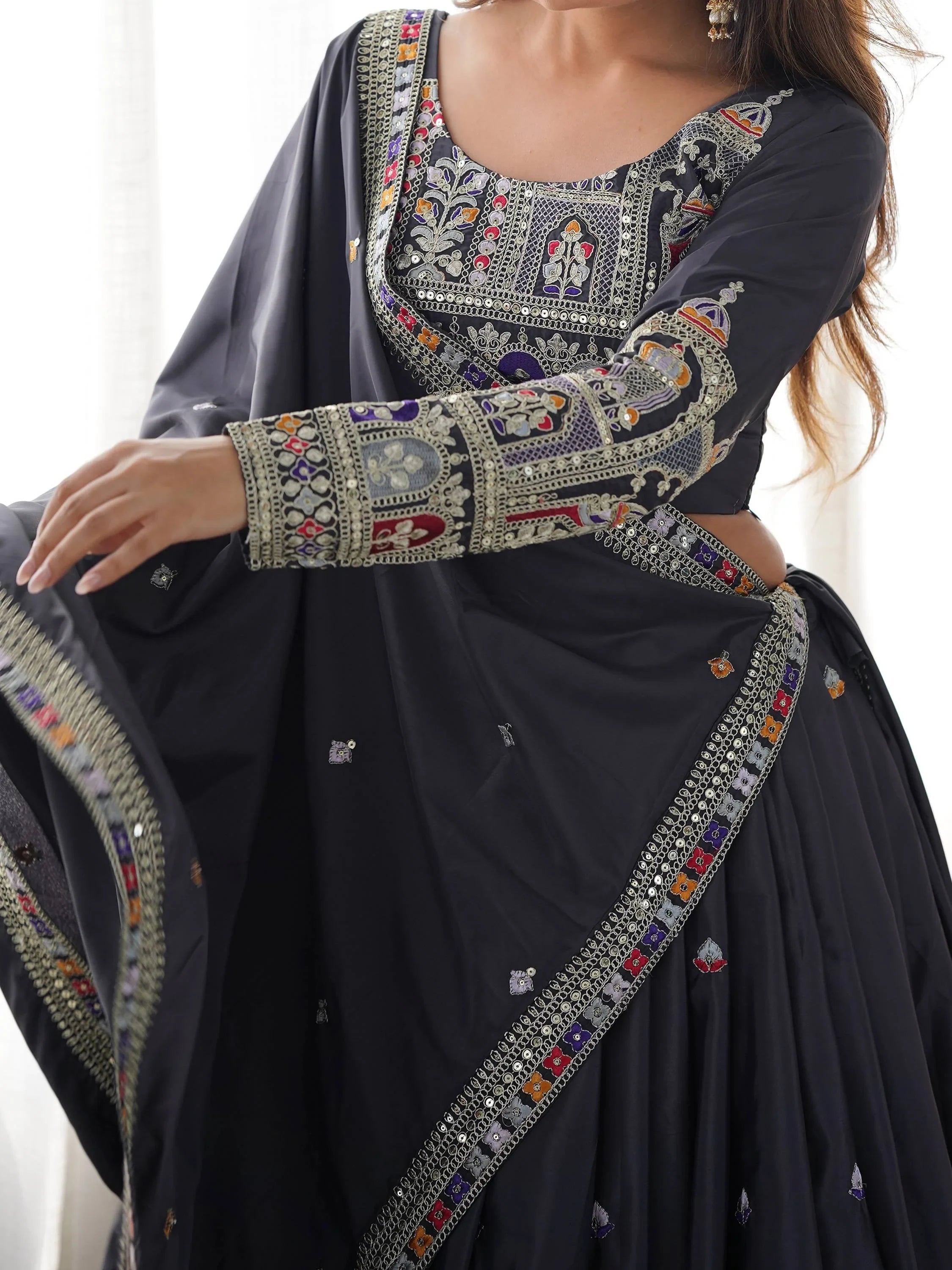 Bewitching Grey Thread Embroidered Silk Lehenga Choli With Dupatta