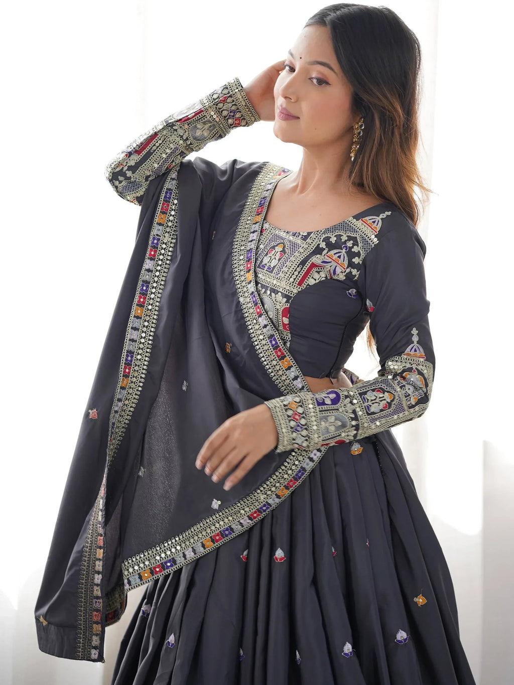 Bewitching Grey Thread Embroidered Silk Lehenga Choli With Dupatta
