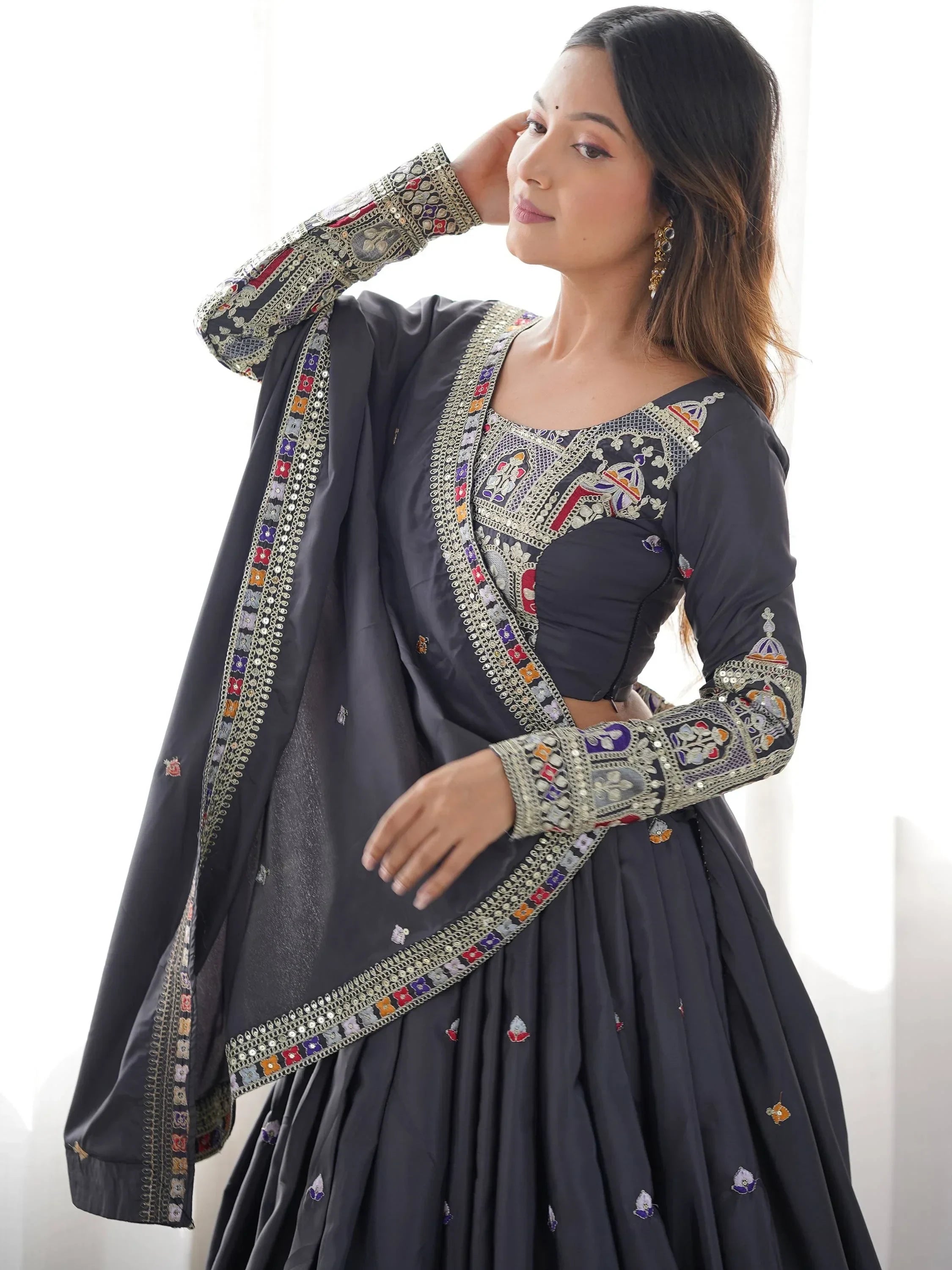 Bewitching Grey Thread Embroidered Silk Lehenga Choli With Dupatta