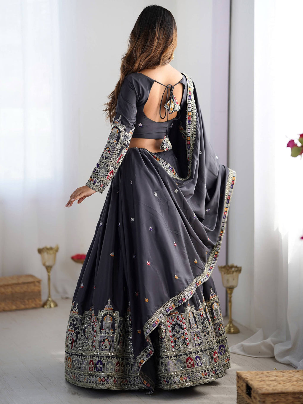 Bewitching Grey Thread Embroidered Silk Lehenga Choli With Dupatta
