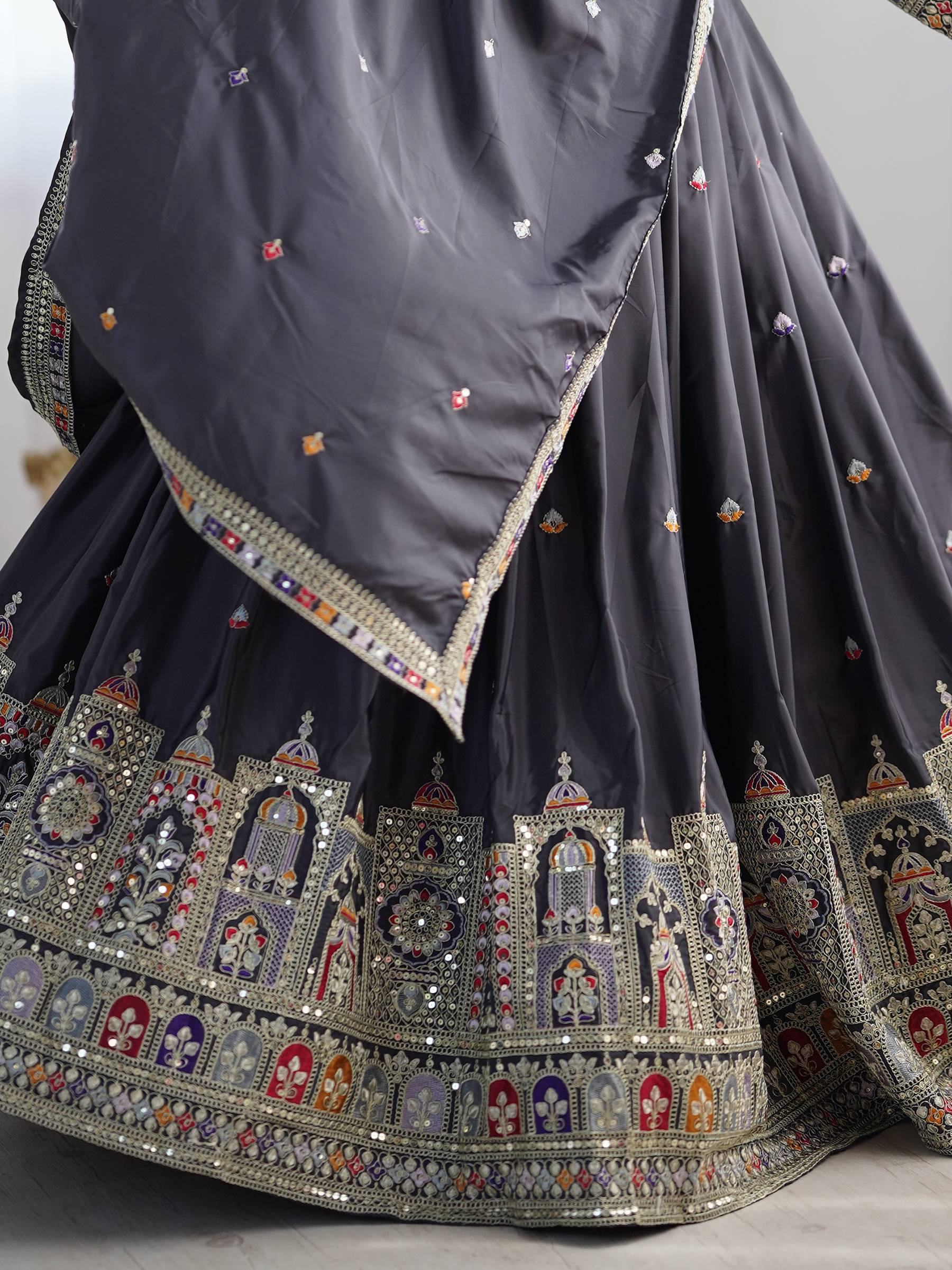 Bewitching Grey Thread Embroidered Silk Lehenga Choli With Dupatta