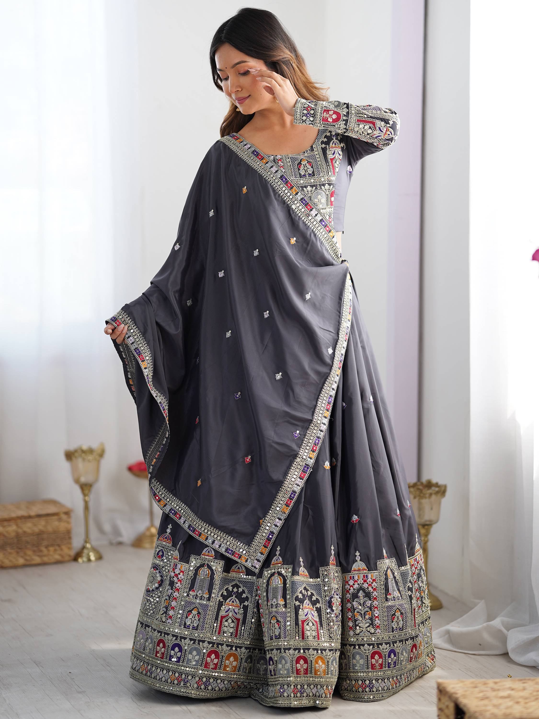 Bewitching Grey Thread Embroidered Silk Lehenga Choli With Dupatta