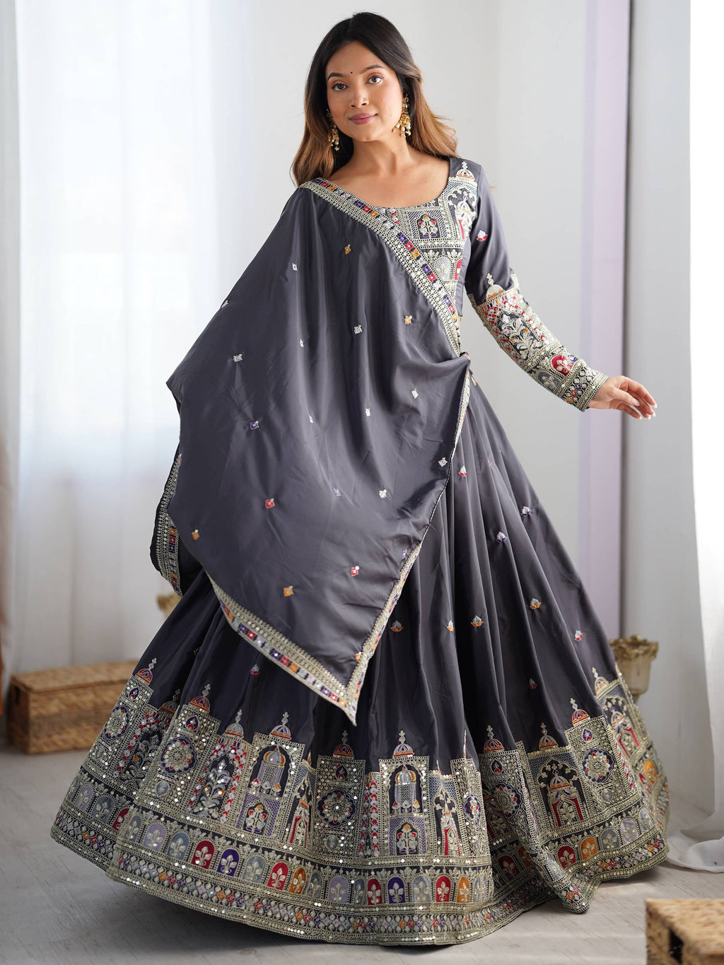 Bewitching Grey Thread Embroidered Silk Lehenga Choli With Dupatta