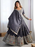 Bewitching Grey Thread Embroidered Silk Lehenga Choli With Dupatta