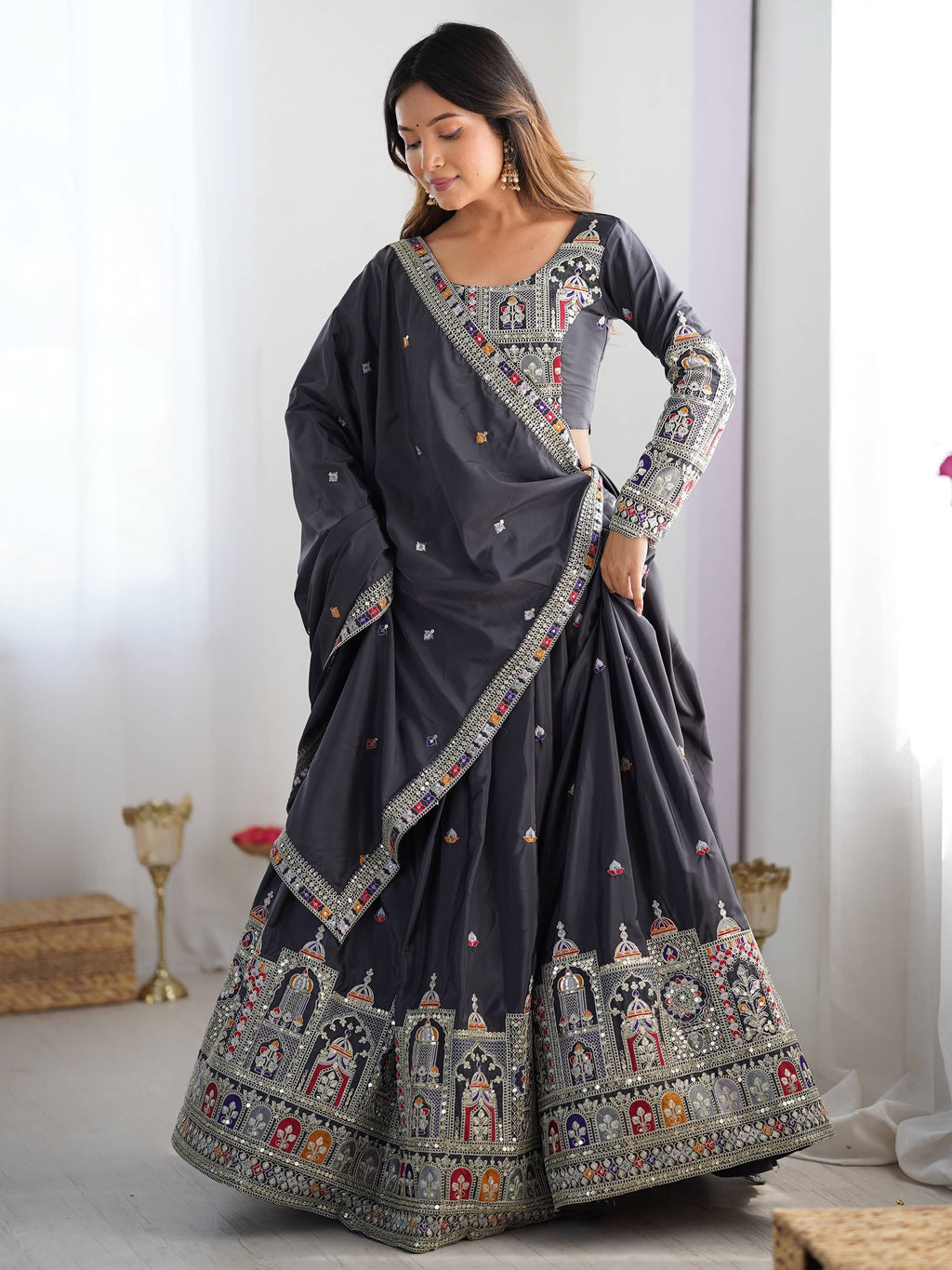 Bewitching Grey Thread Embroidered Silk Lehenga Choli With Dupatta