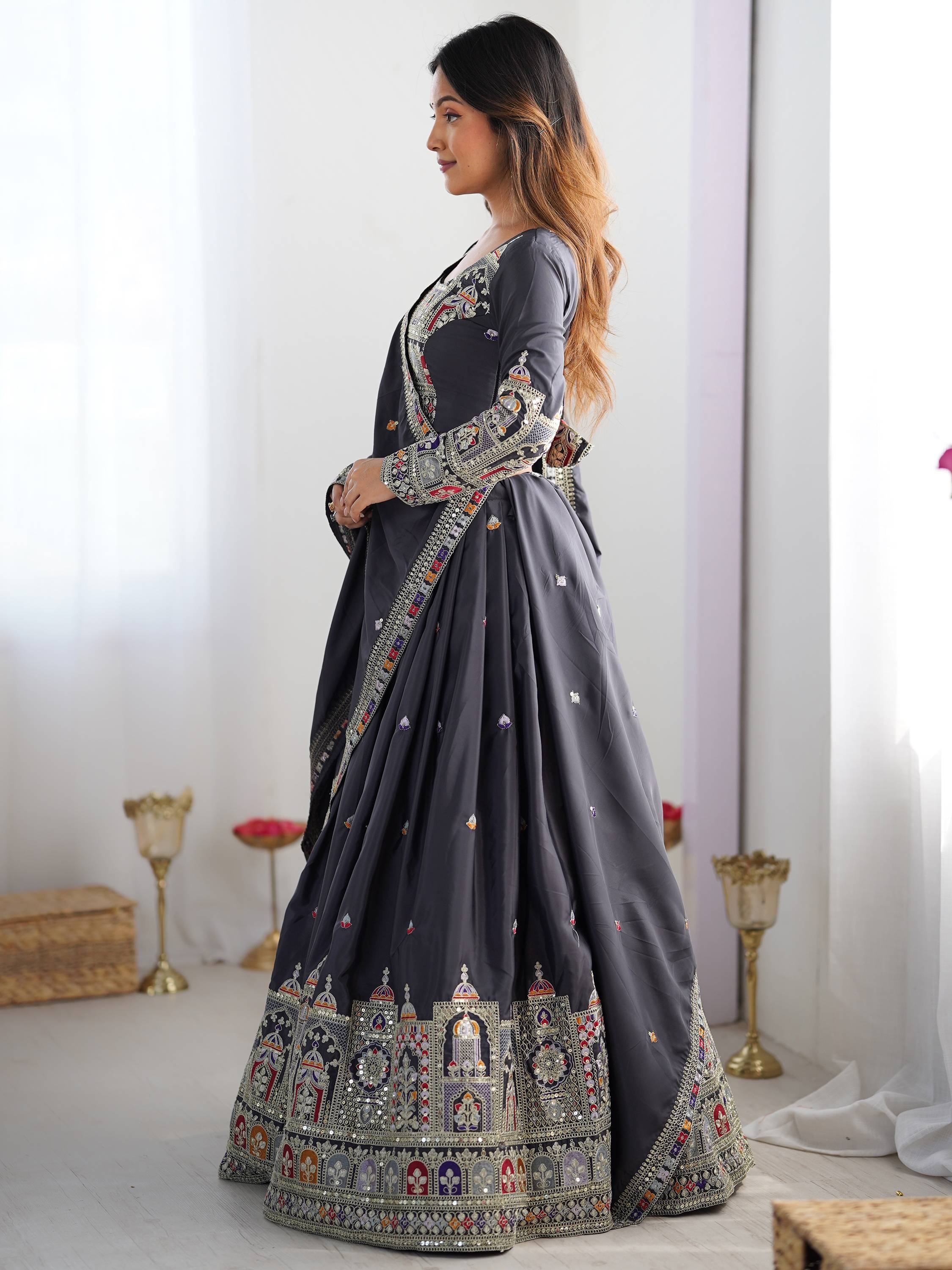 Bewitching Grey Thread Embroidered Silk Lehenga Choli With Dupatta