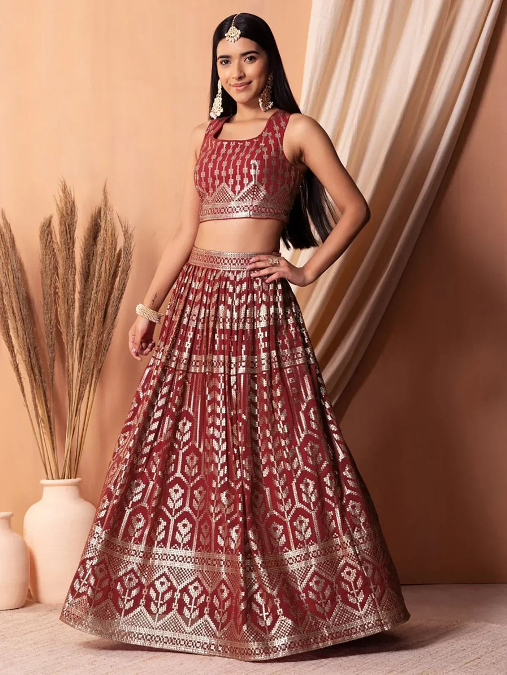 Bewitching Maroon Sequins Georgette Wedding Wear Lehenga Choli