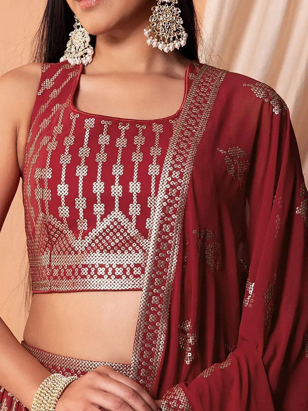 Bewitching Maroon Sequins Georgette Wedding Wear Lehenga Choli