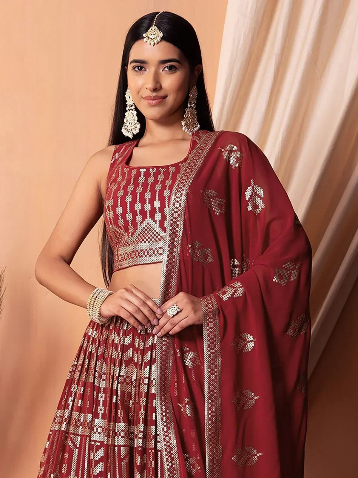 Bewitching Maroon Sequins Georgette Wedding Wear Lehenga Choli