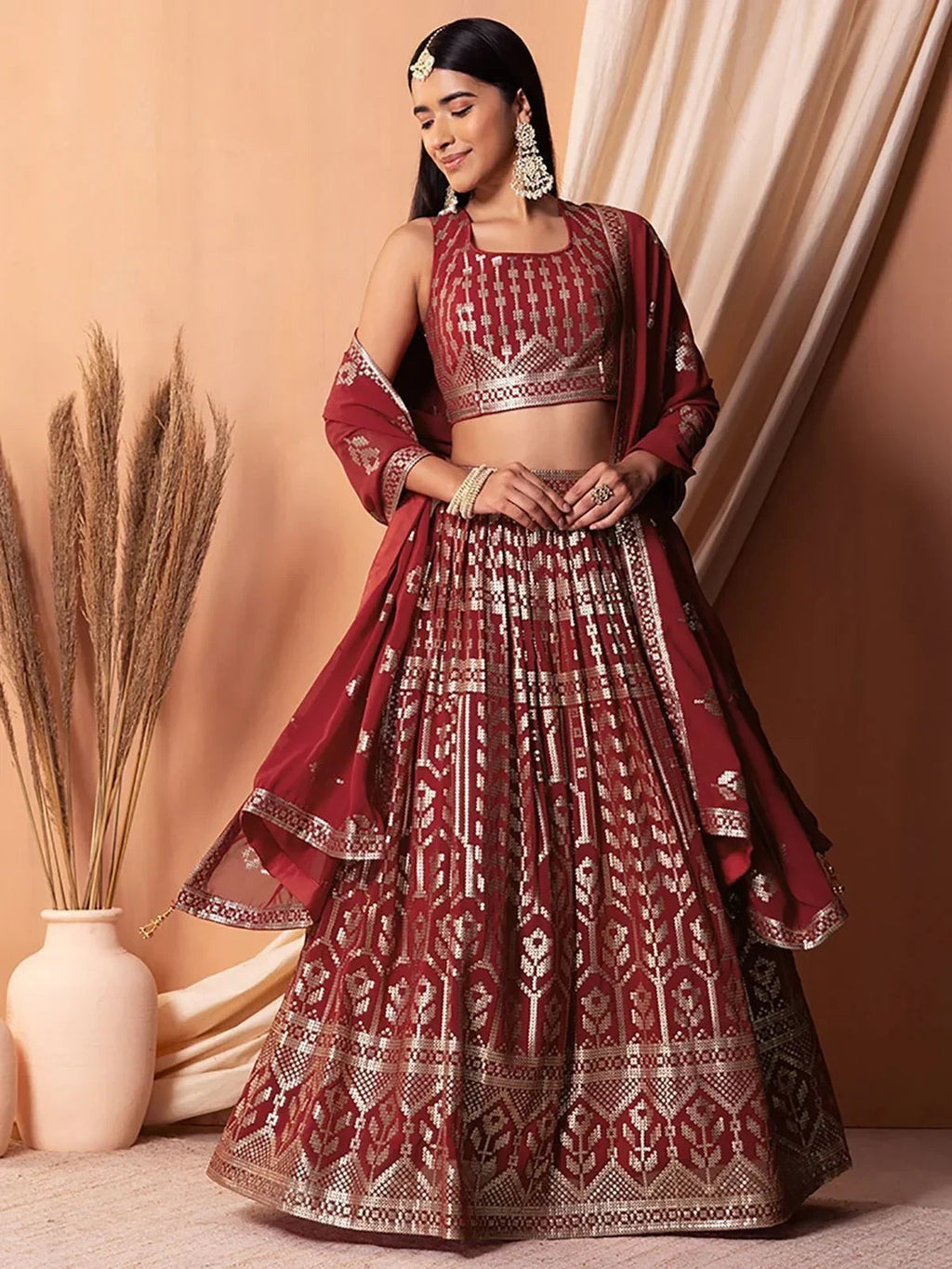 Bewitching Maroon Sequins Georgette Wedding Wear Lehenga Choli