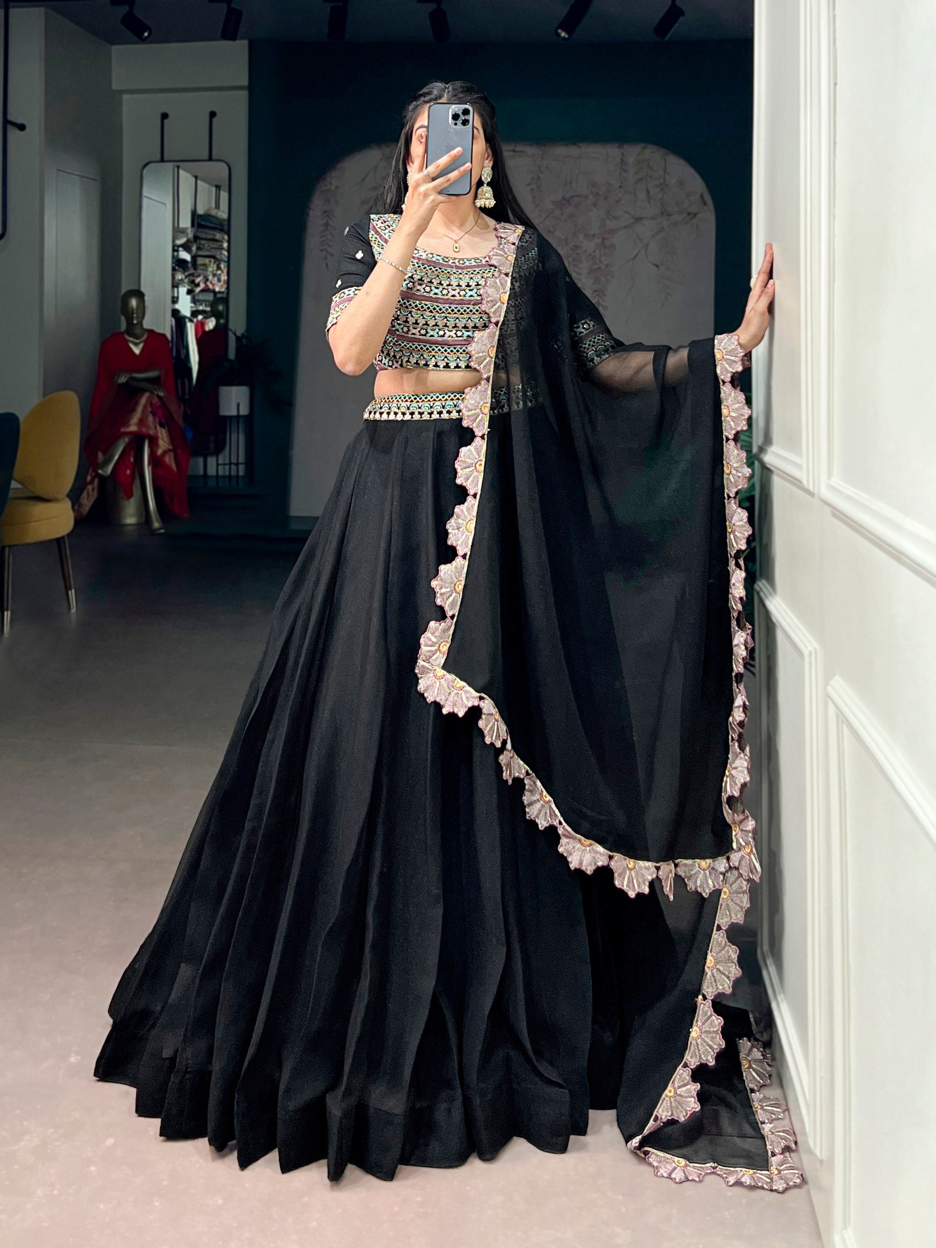 Black Aurum Georgette Lehenga Choli with Thread & Sequins Embroidery