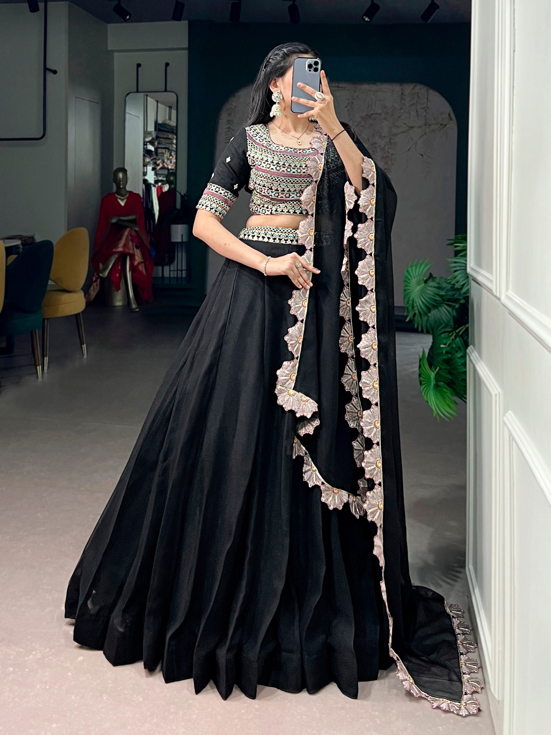 Black Aurum Georgette Lehenga Choli with Thread & Sequins Embroidery