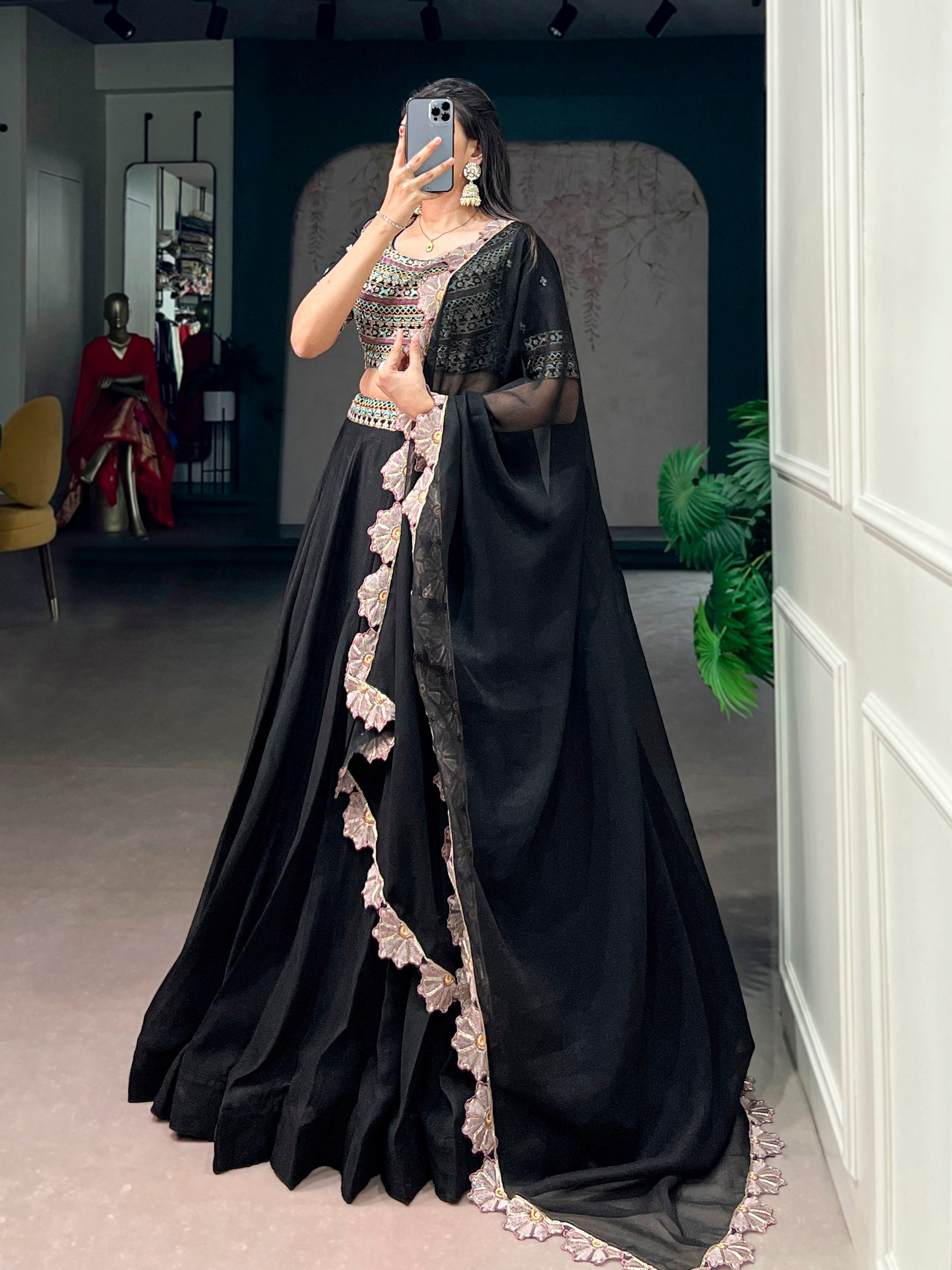 Black Aurum Georgette Lehenga Choli with Thread & Sequins Embroidery
