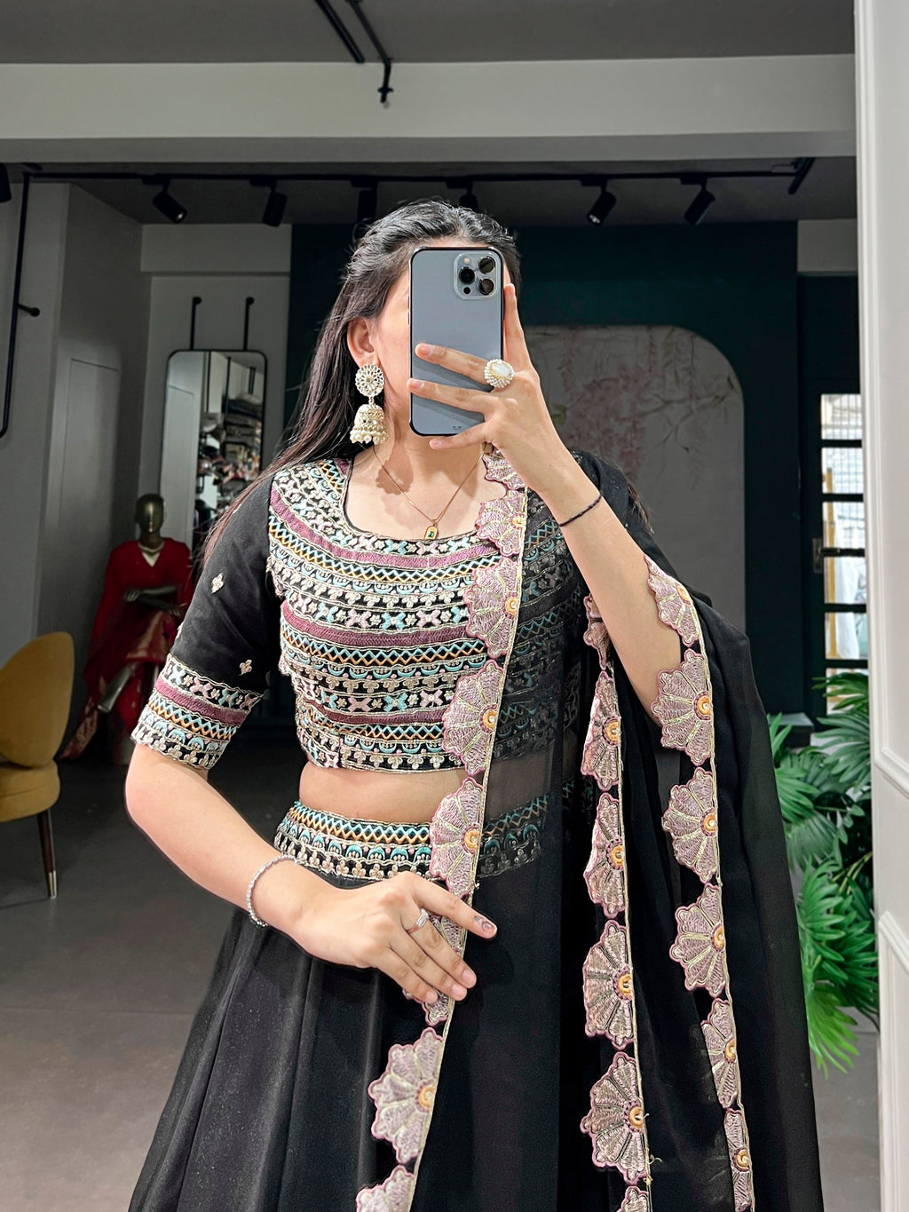 Black Aurum Georgette Lehenga Choli with Thread & Sequins Embroidery
