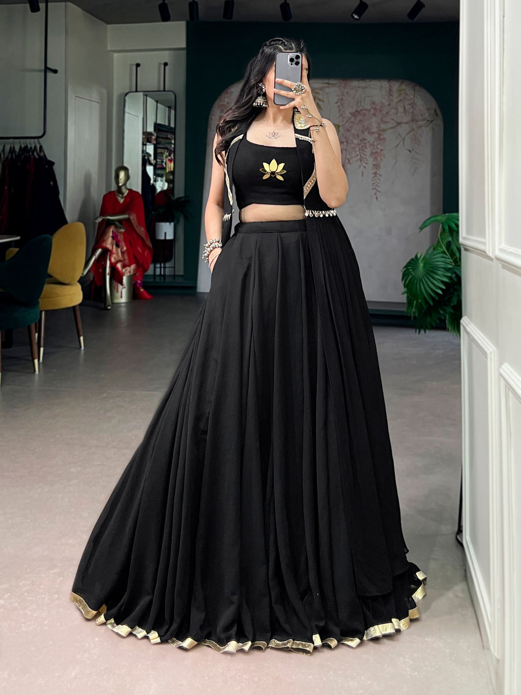 Black Feather-Light Flow Lehenga with Lotus Handwork & Long Jacket