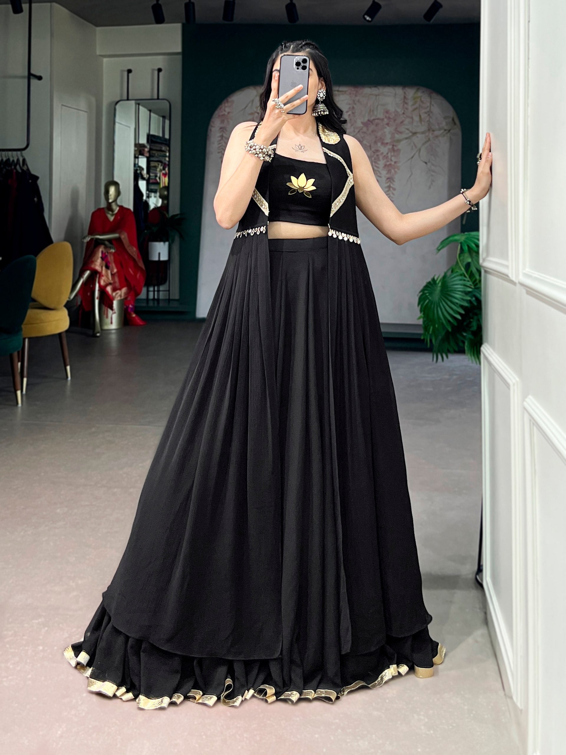 Black Feather-Light Flow Lehenga with Lotus Handwork & Long Jacket